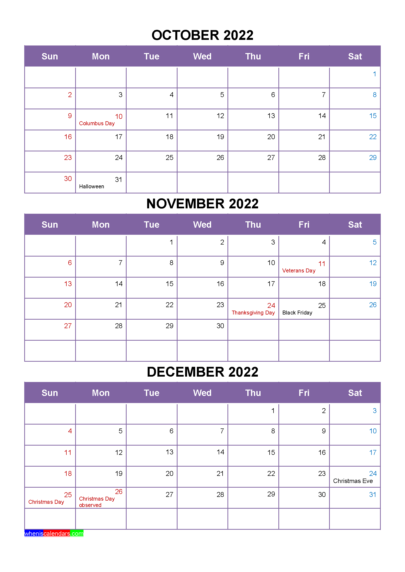Free October November December 2022 Printable Calendar Template