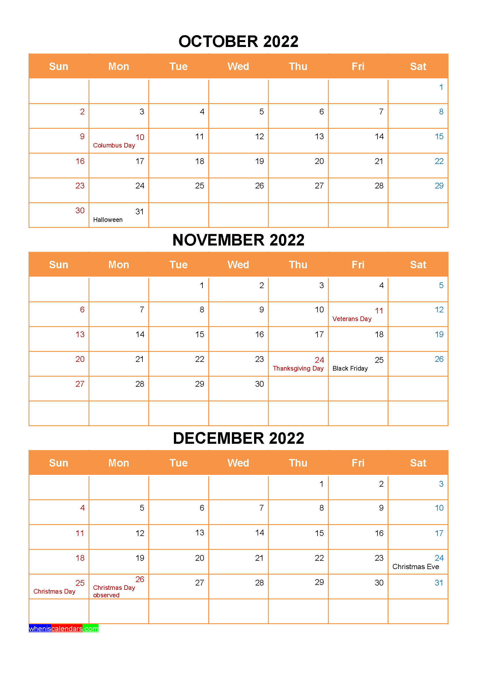 October November December 2022 Calendar with Holidays Word, PDF