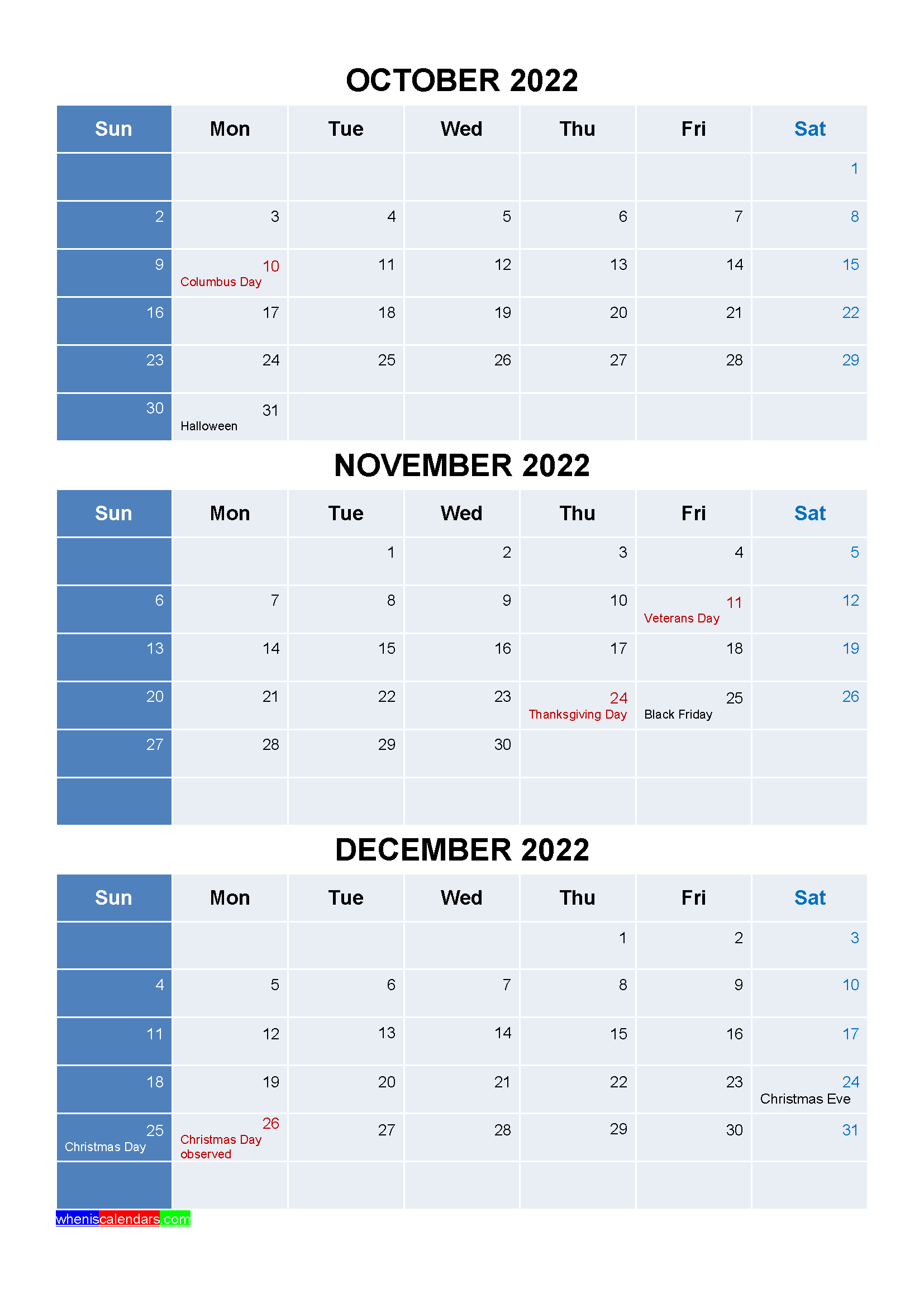Printable October November December 2022 Calendar Template Word, PDF