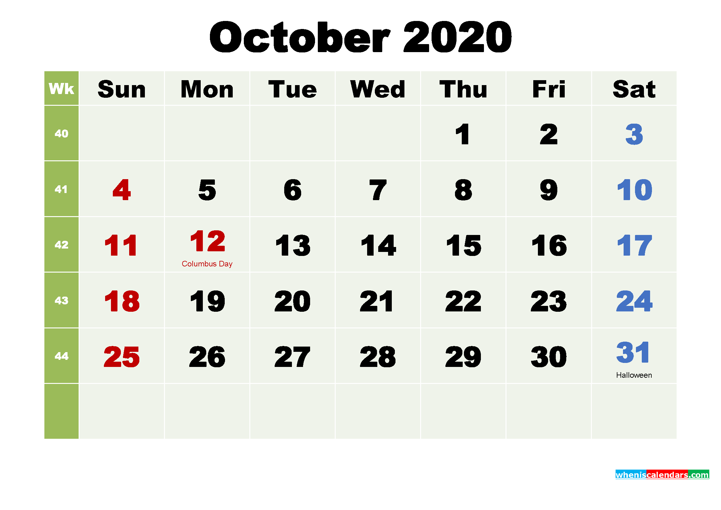 Free Printable October 2020 Calendar with Holidays
