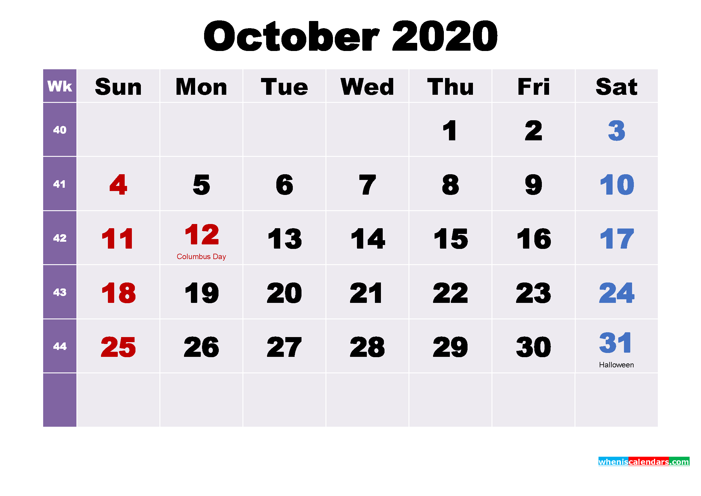 Printable October 2020 Calendar with Holidays Word, PDF