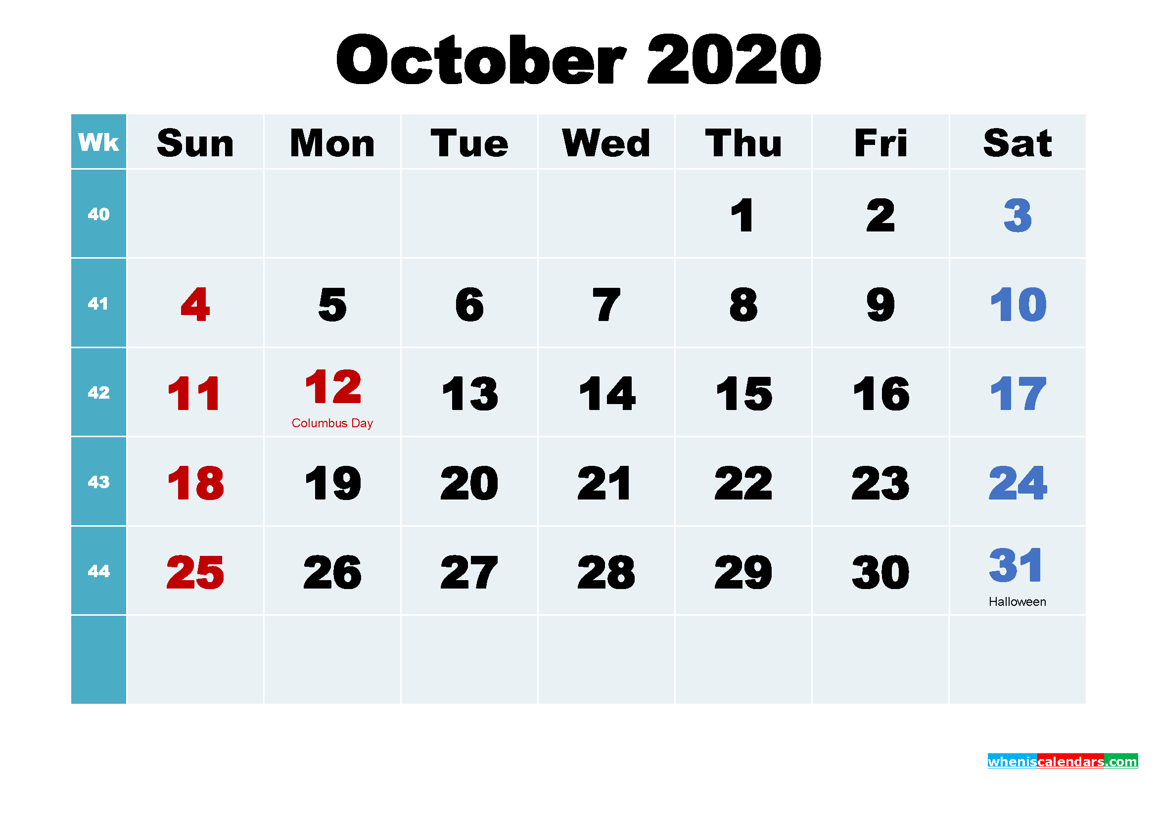 Free October 2020 Printable Calendar with Holidays
