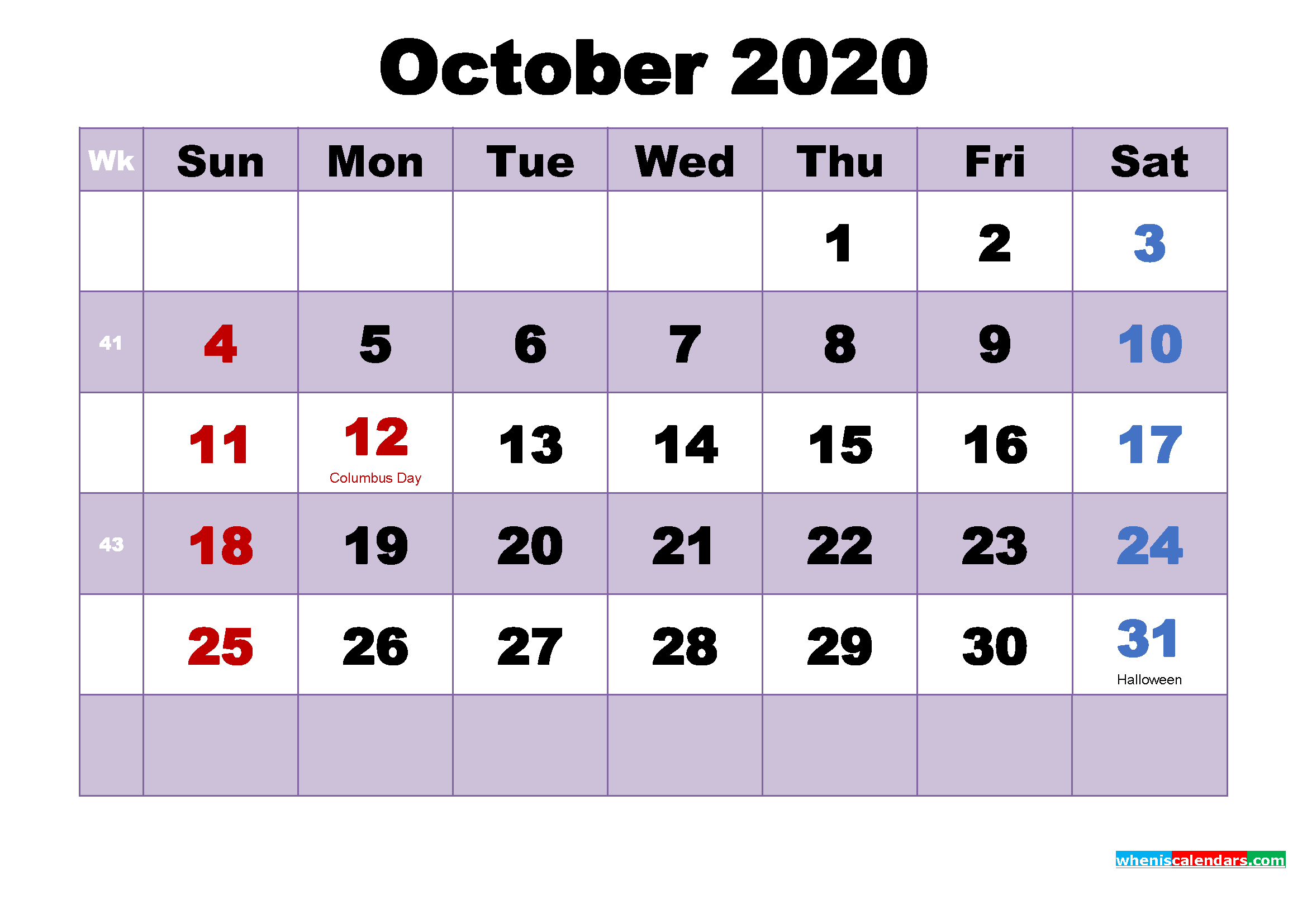 Free 2020 Printable Calendar October As Word Pdf