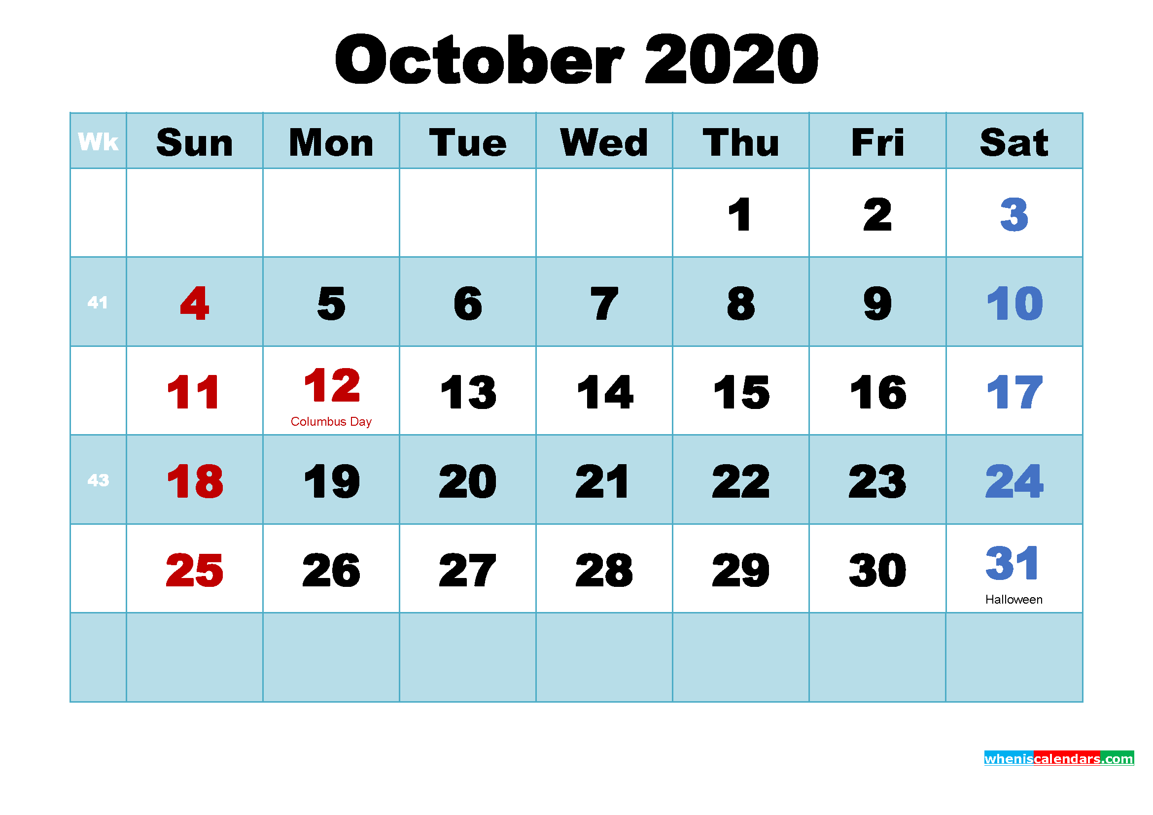 Free Printable October 2020 Calendar with Holidays as Word, PDF