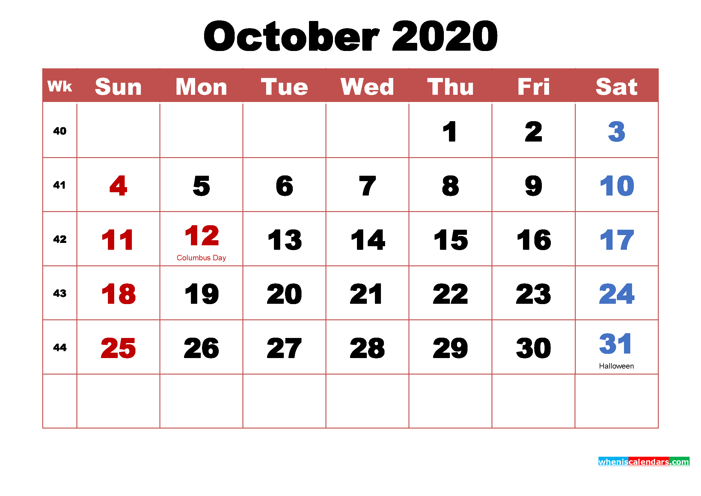 Printable 2020 Calendar with Holidays October