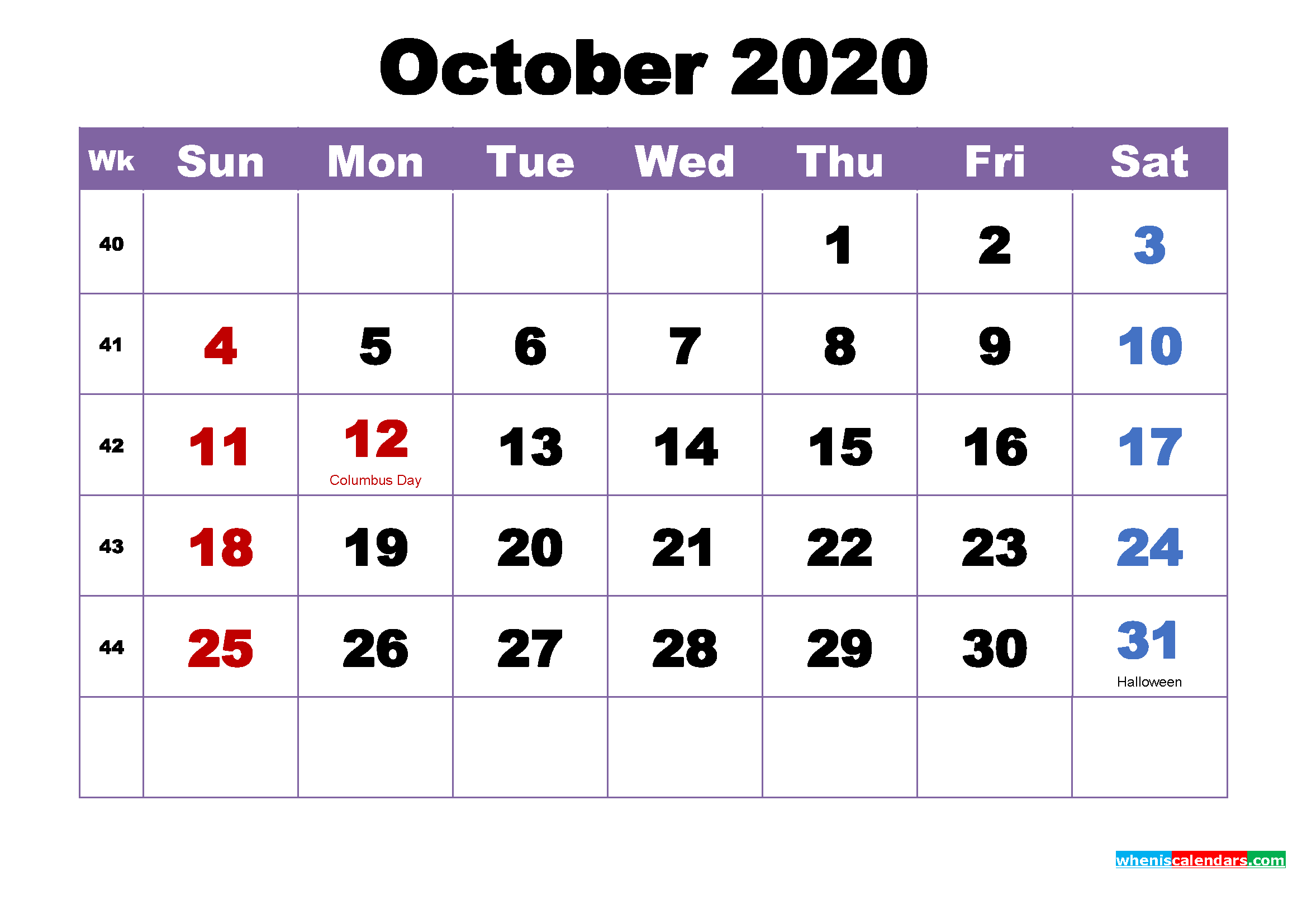 October 2020 Printable Calendar with Holidays Word, PDF