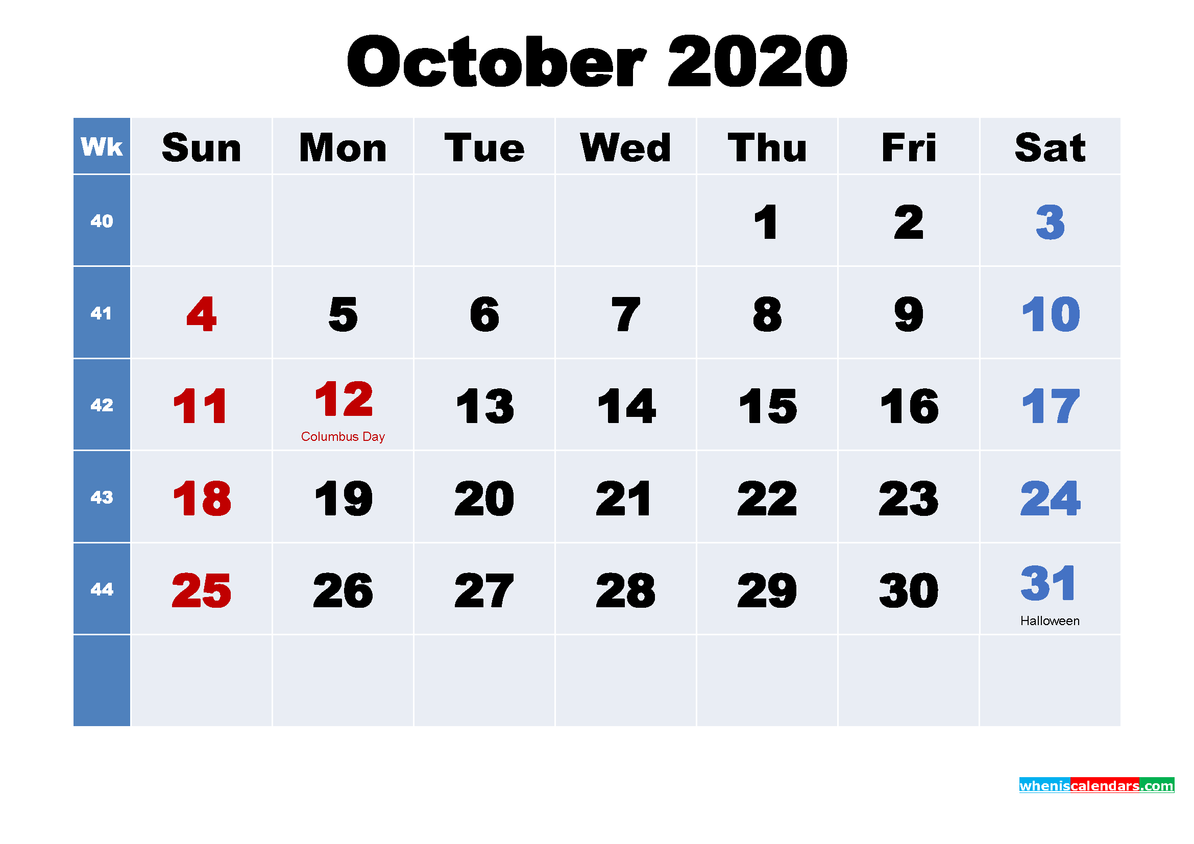 Free 2020 Printable Calendar October as Word, PDF