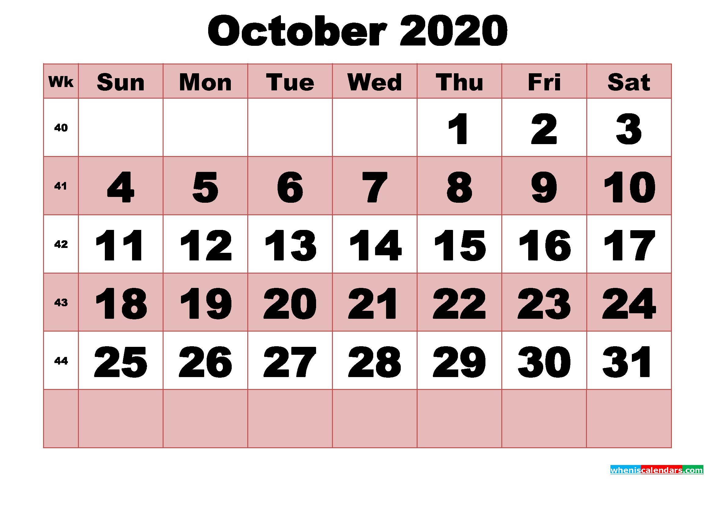 Free Printable Monthly Calendar October 2020