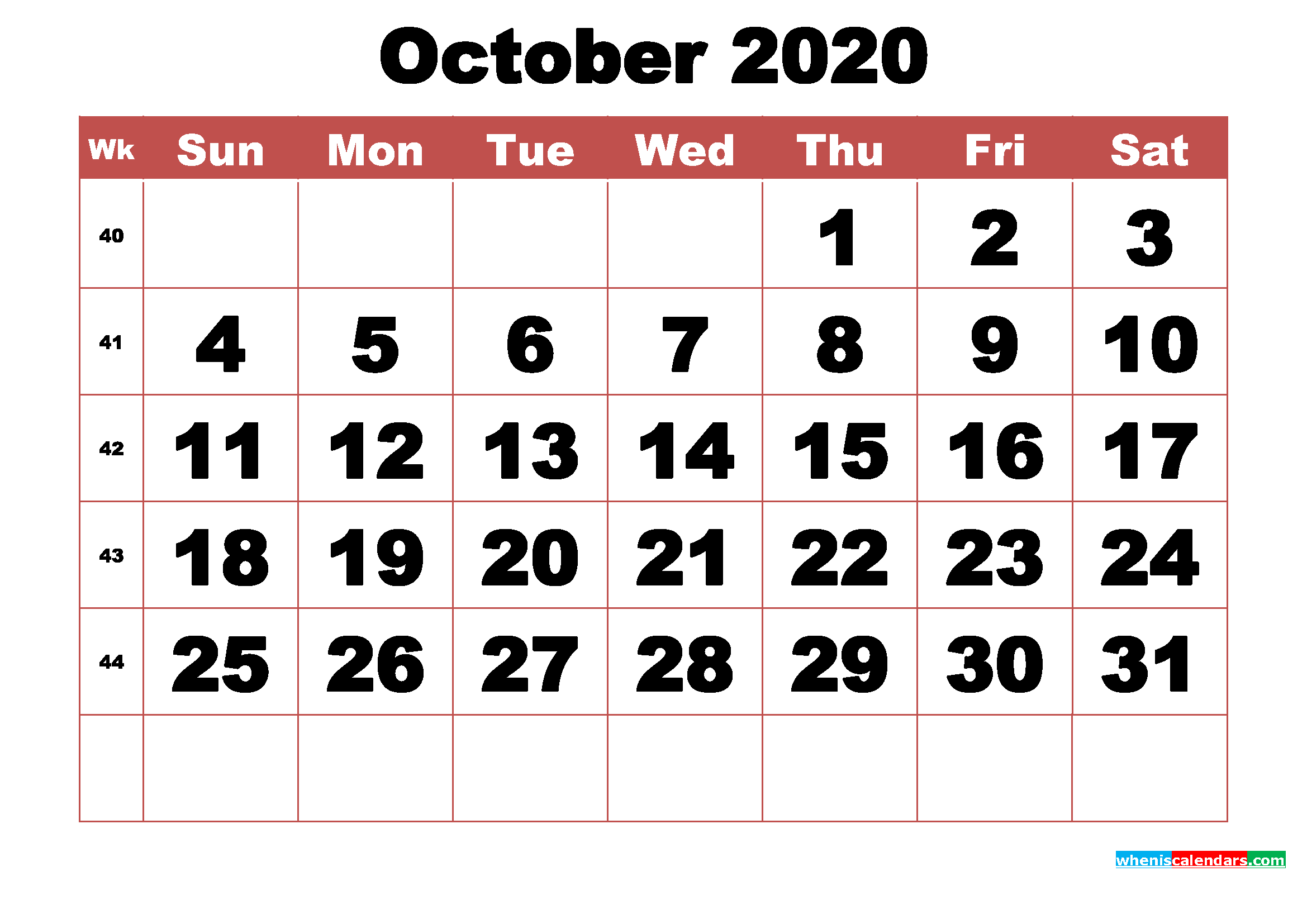Free Printable October 2020 Calendar with Week Numbers