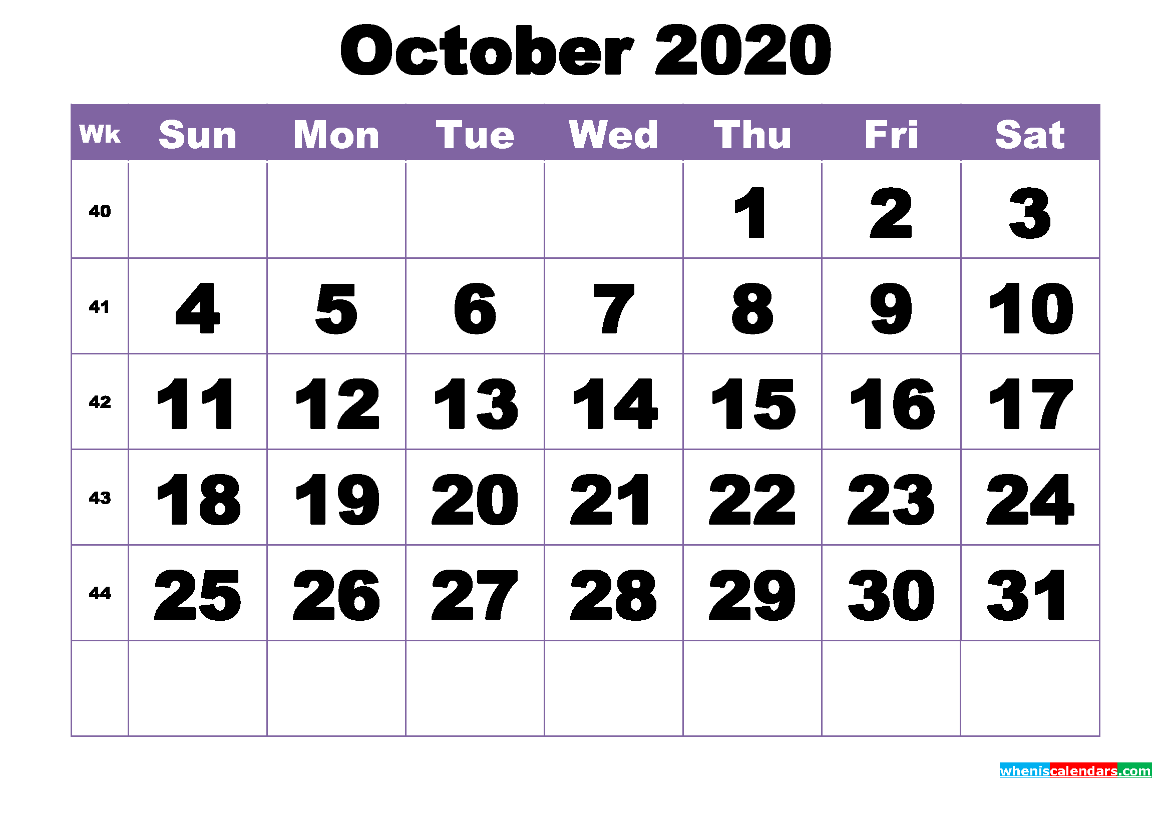 October 2020 Printable Calendar Template