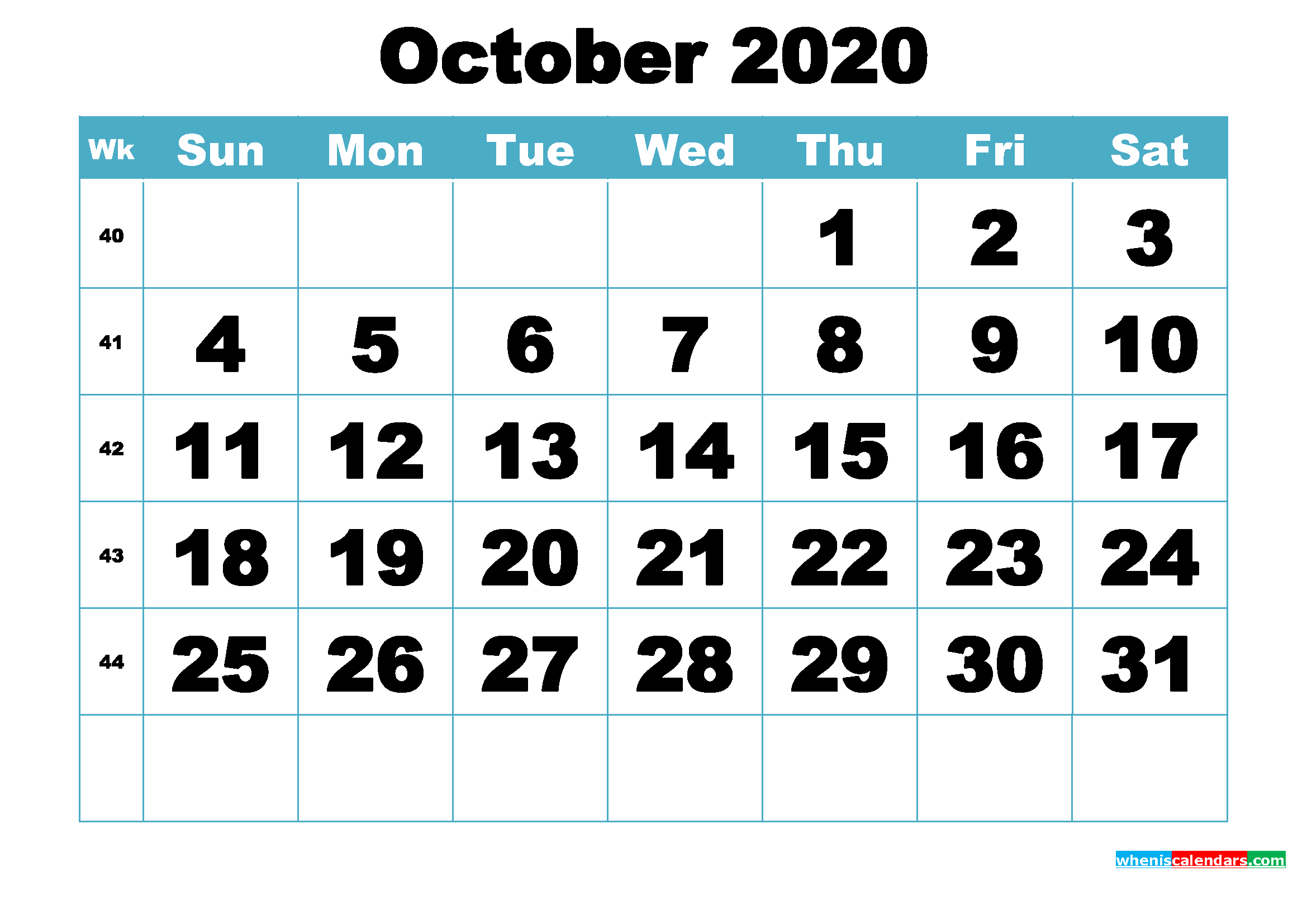 Free October 2020 Printable Monthly Calendar Template