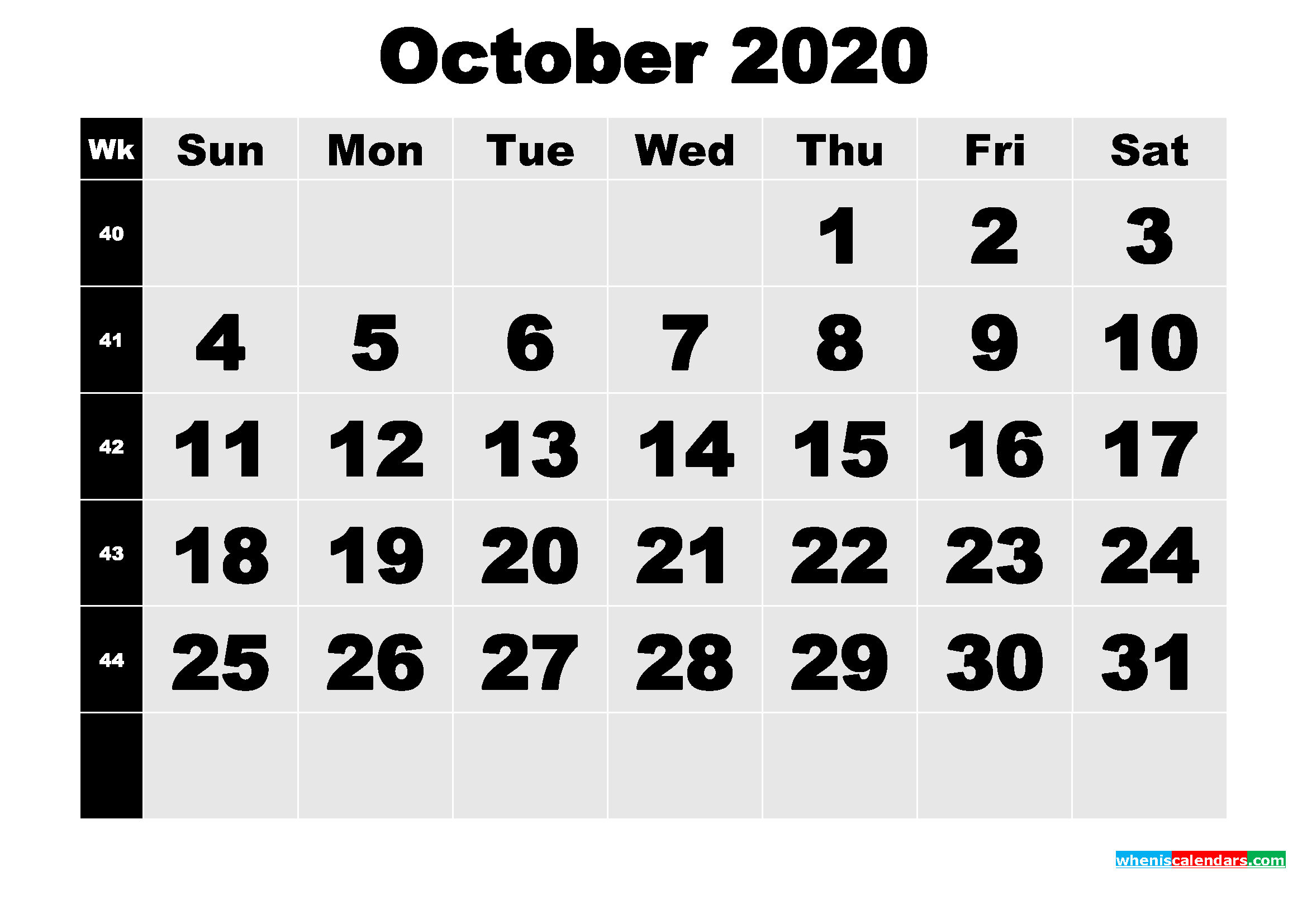 Free Printable October 2020 Calendar with Week Numbers