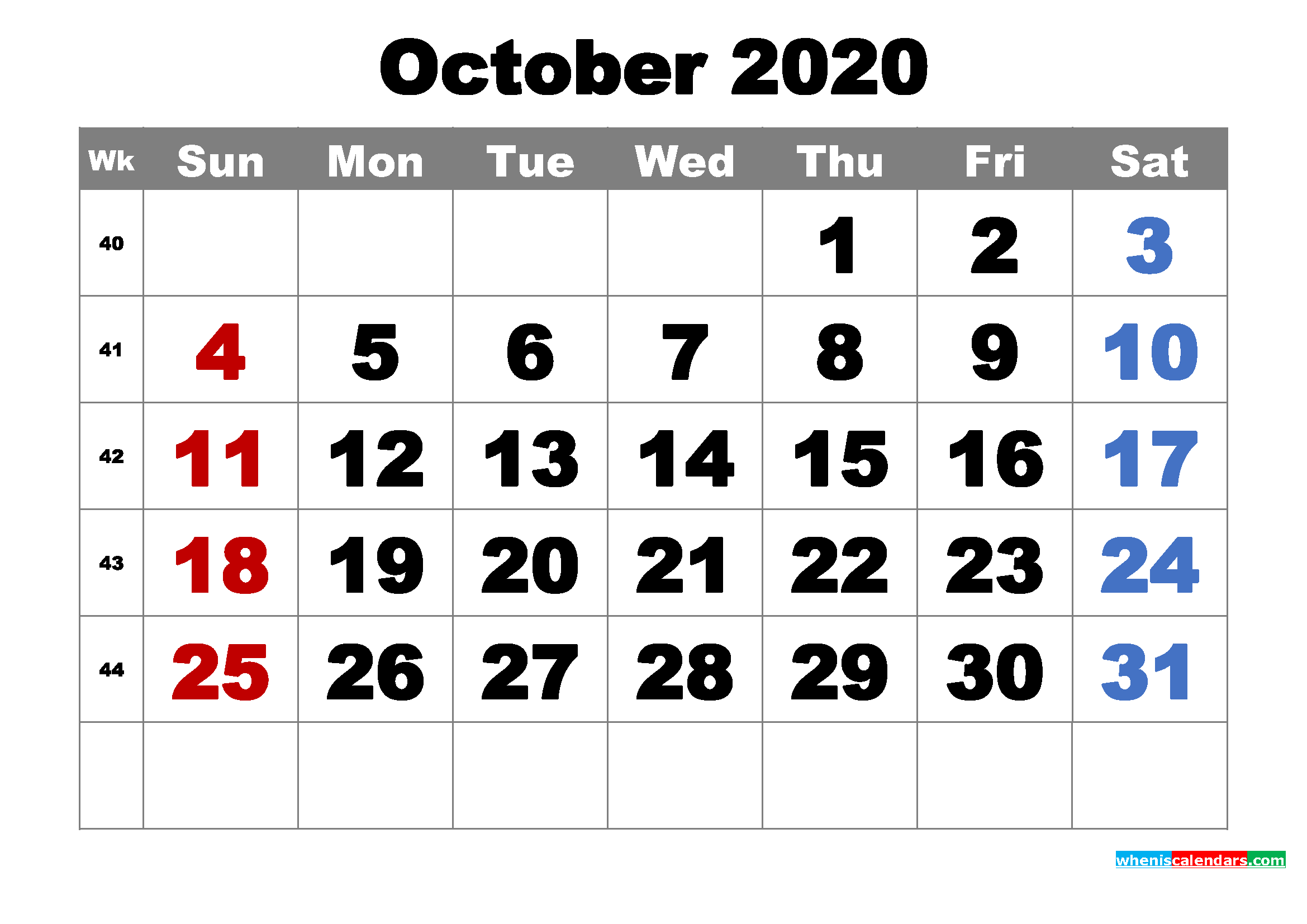 Free Printable October 2020 Calendar Word PDF Image