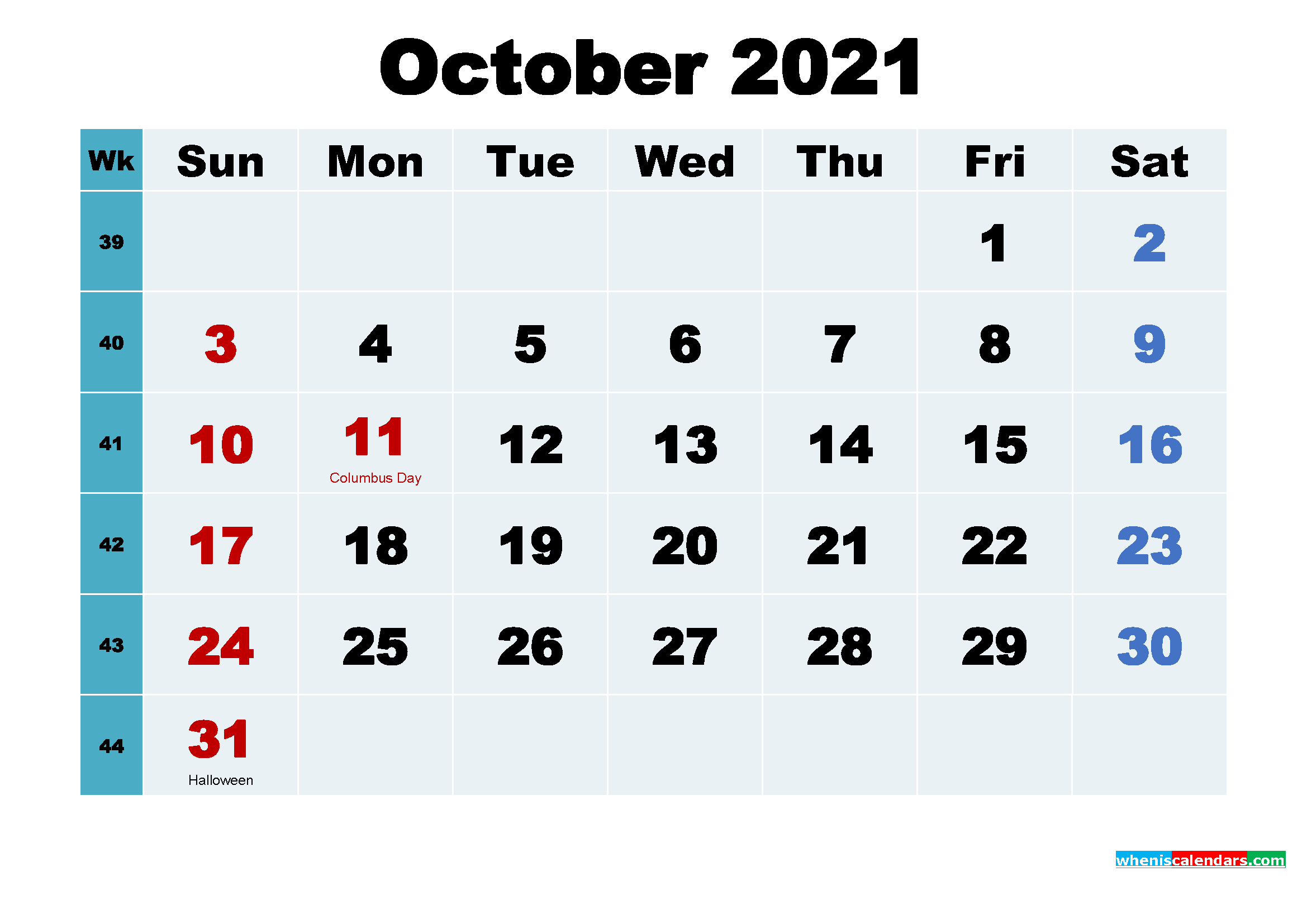 Free October 2021 Printable Calendar with Holidays