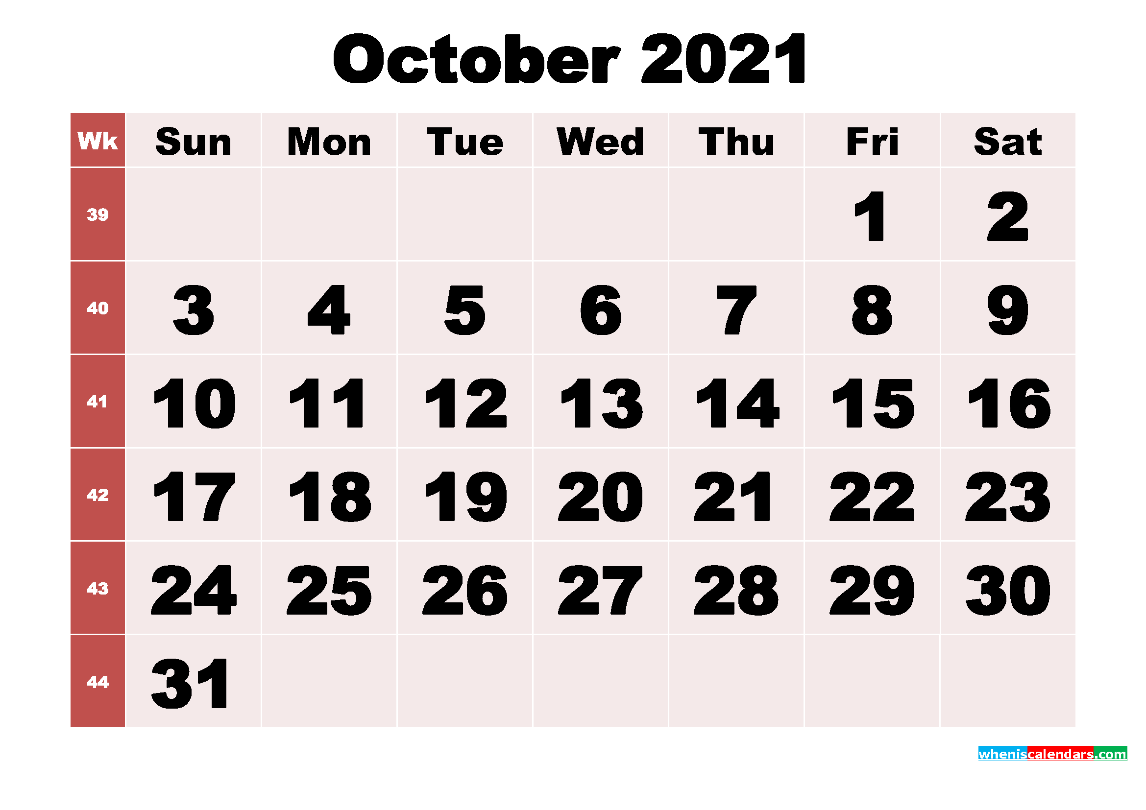 Free Printable Monthly Calendar October 2021