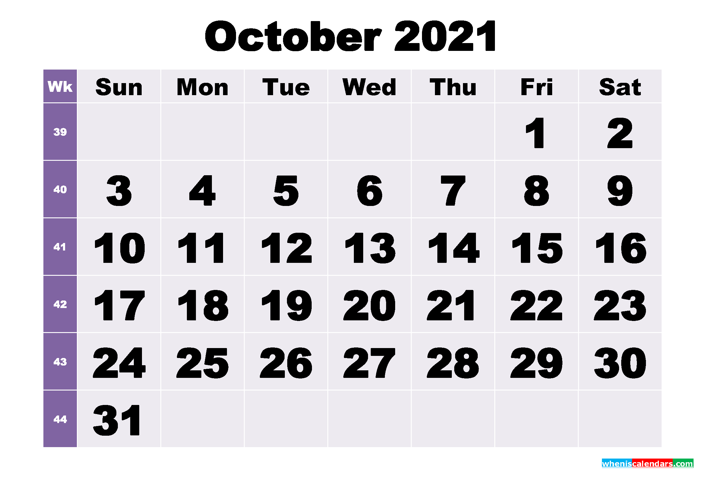 Free October 2021 Printable Monthly Calendar Template