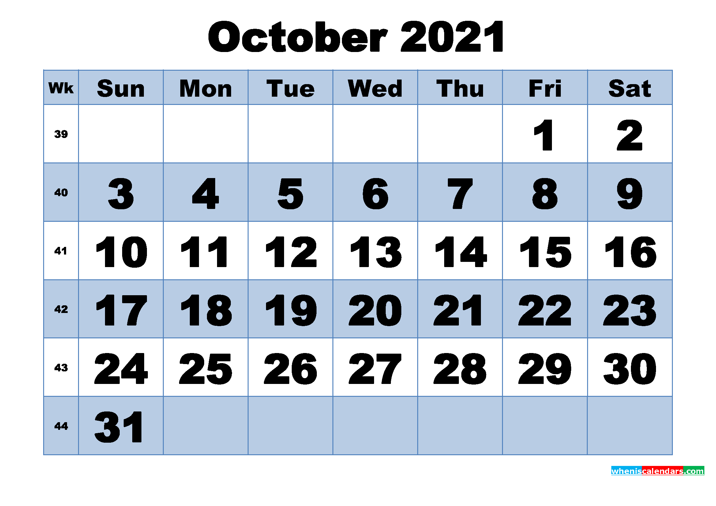 Free Printable October 2021 Calendar with Week Numbers