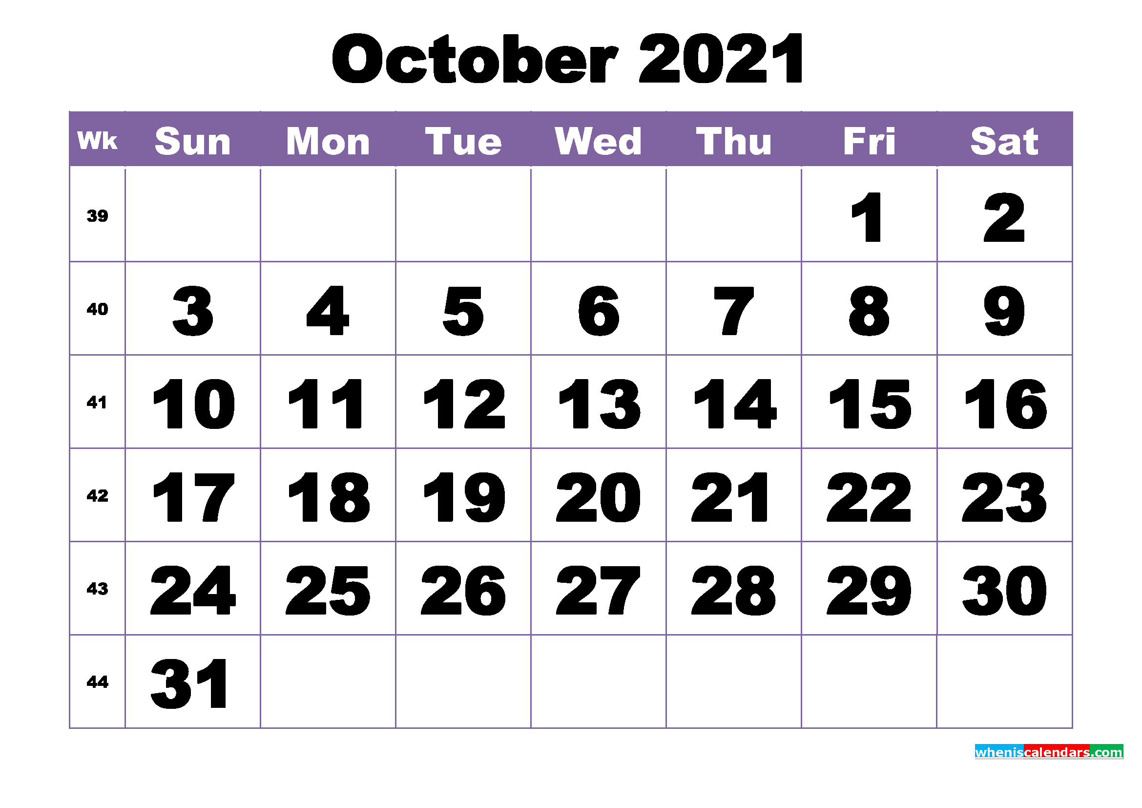 October 2021 Printable Calendar Template