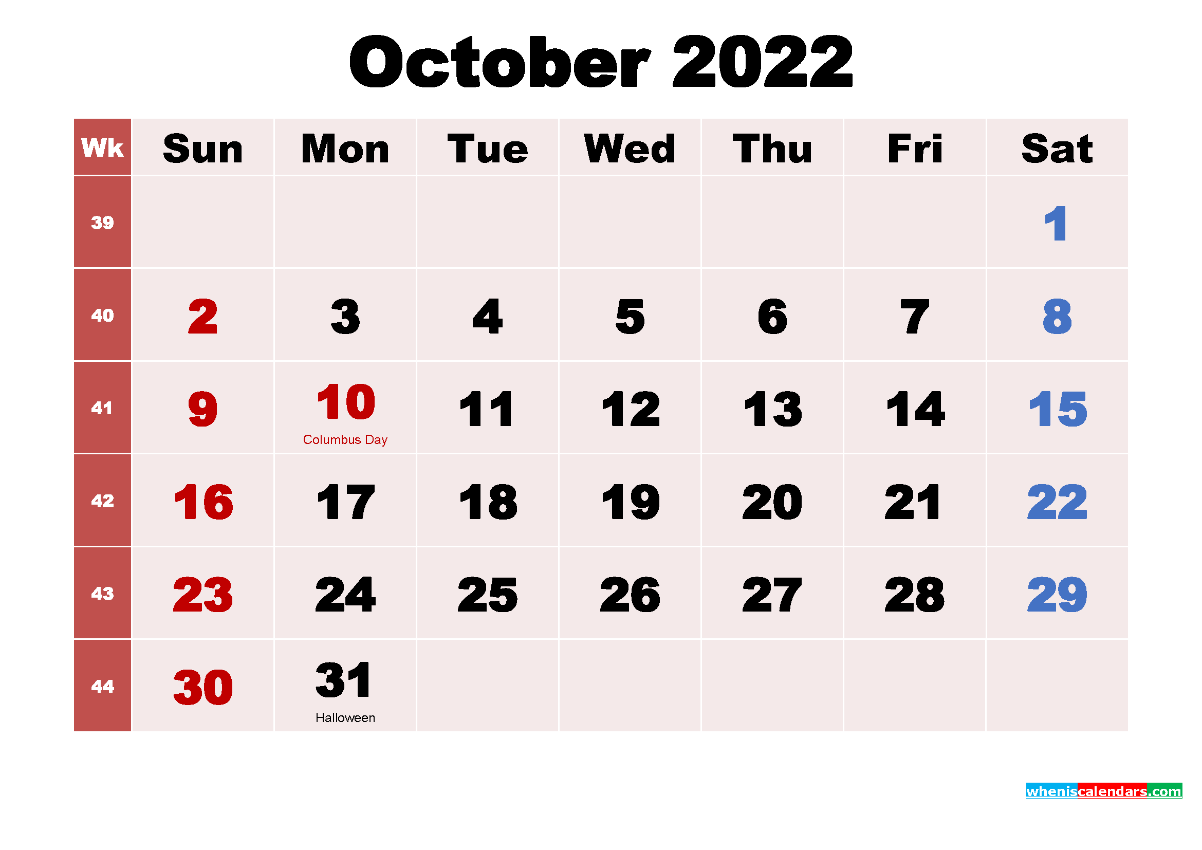 October 2022 Calendar Columbus Day October 2022 Printable Calendar With Holidays