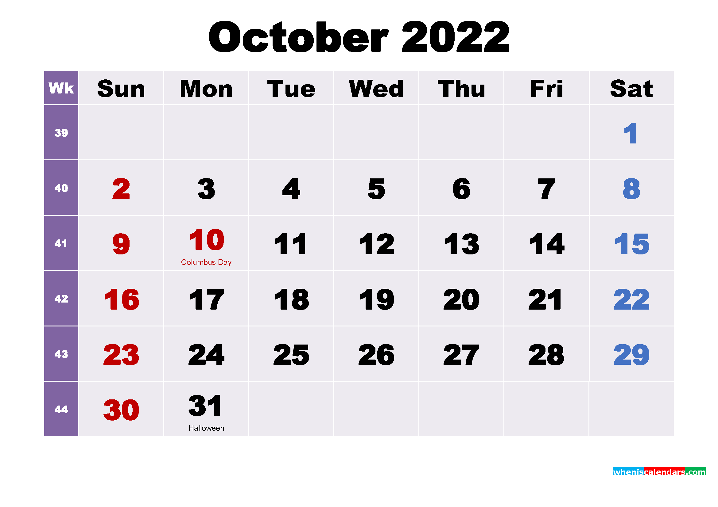 Printable October 2022 Calendar with Holidays Word, PDF