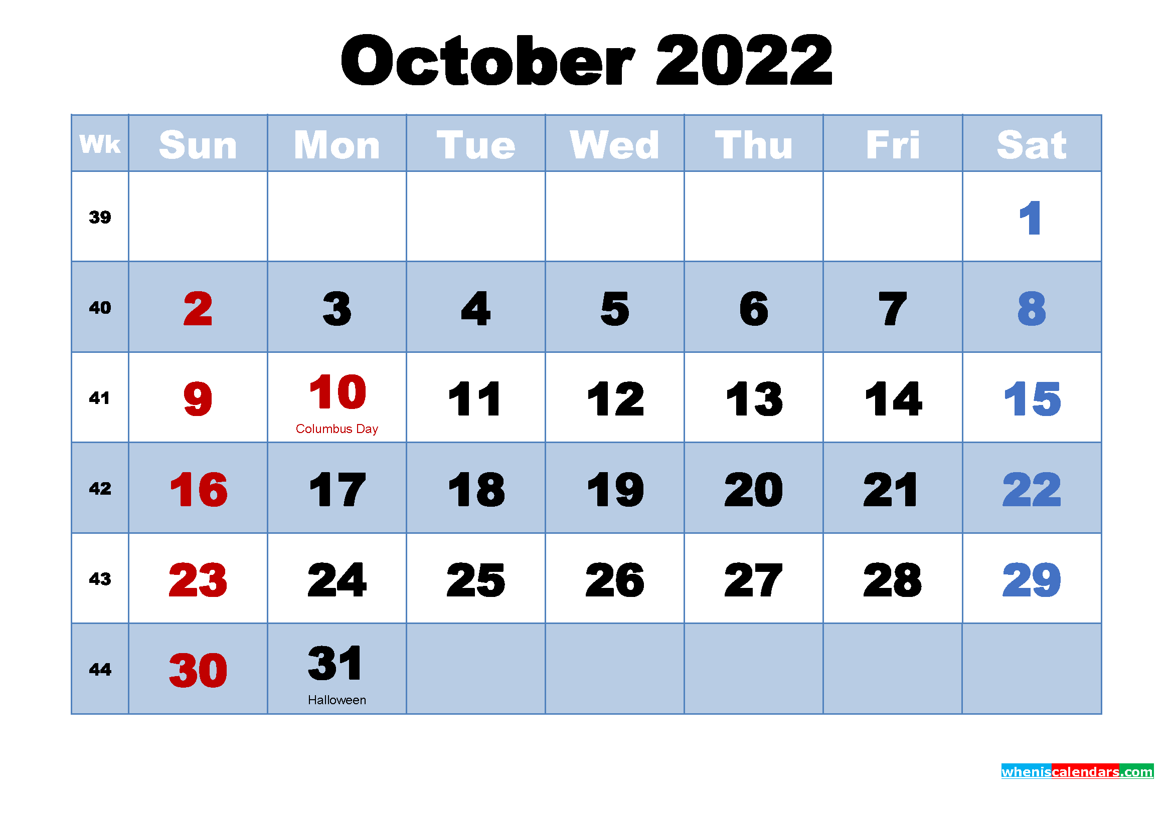 Free Printable 2022 Calendar October as Word, PDF