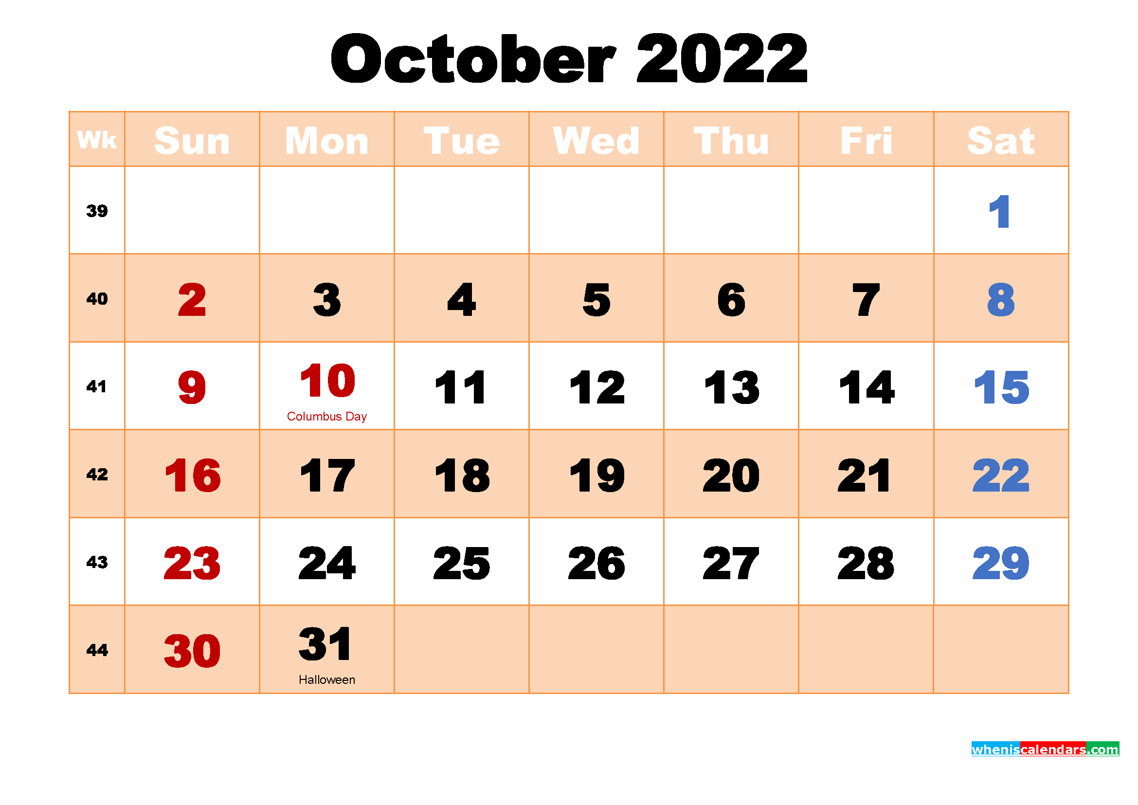 Free Printable Calendar For October 2022