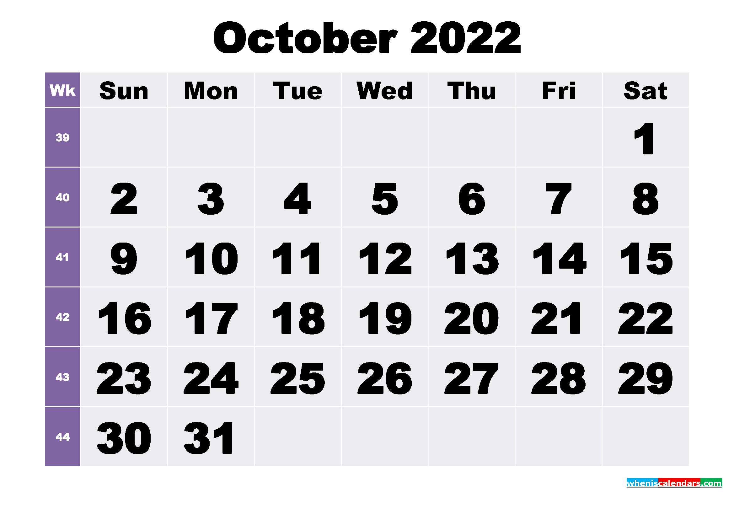 Free October 2022 Printable Monthly Calendar Template