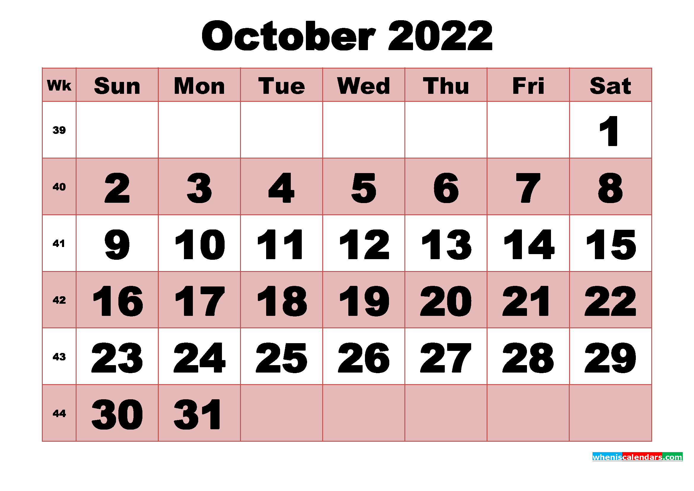Free Printable Monthly Calendar October 2022