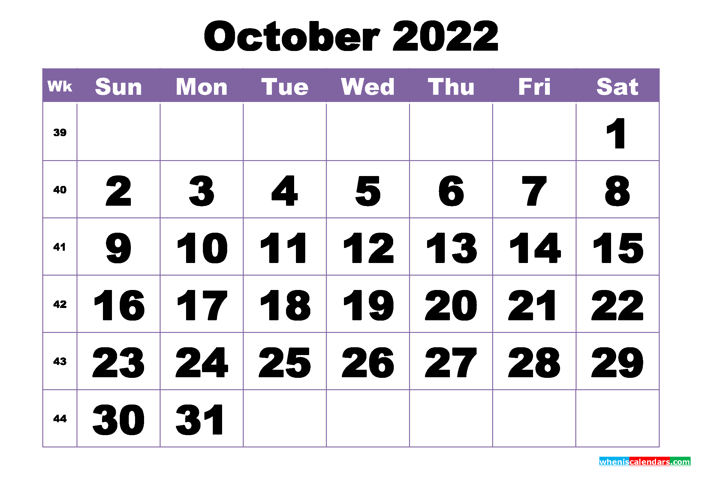 October 2022 Printable Calendar Template