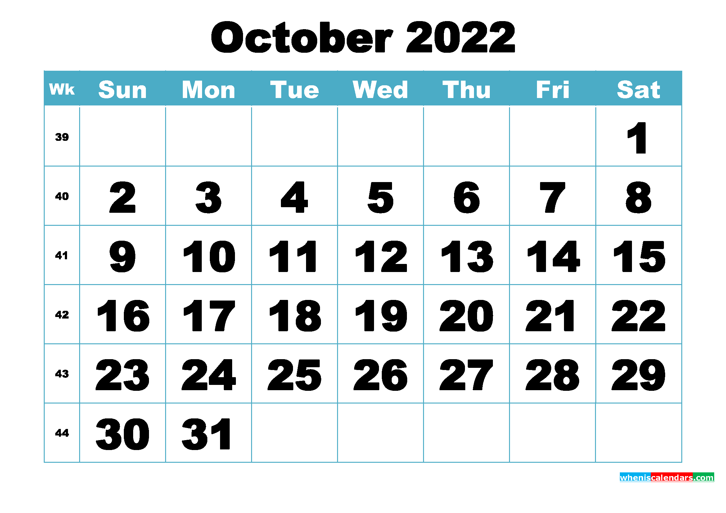 Free October 2022 Printable Monthly Calendar Template