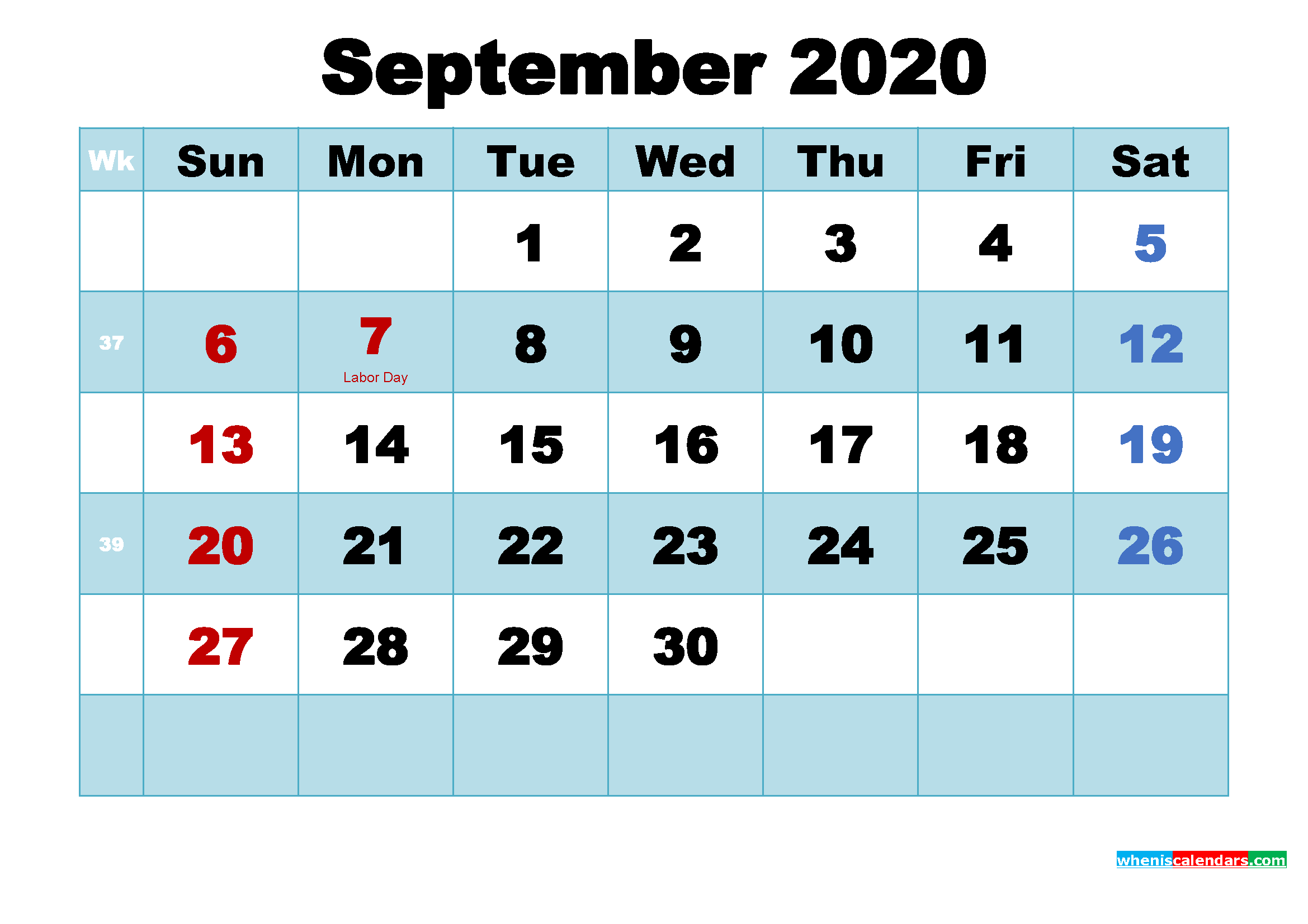Free Printable September 2020 Calendar with Holidays as Word, PDF