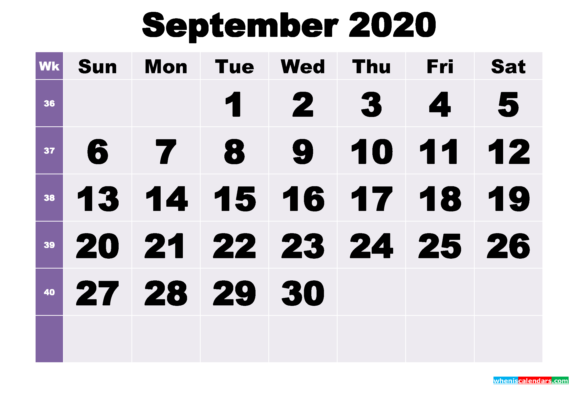 Free September 2020 Printable Monthly Calendar Template