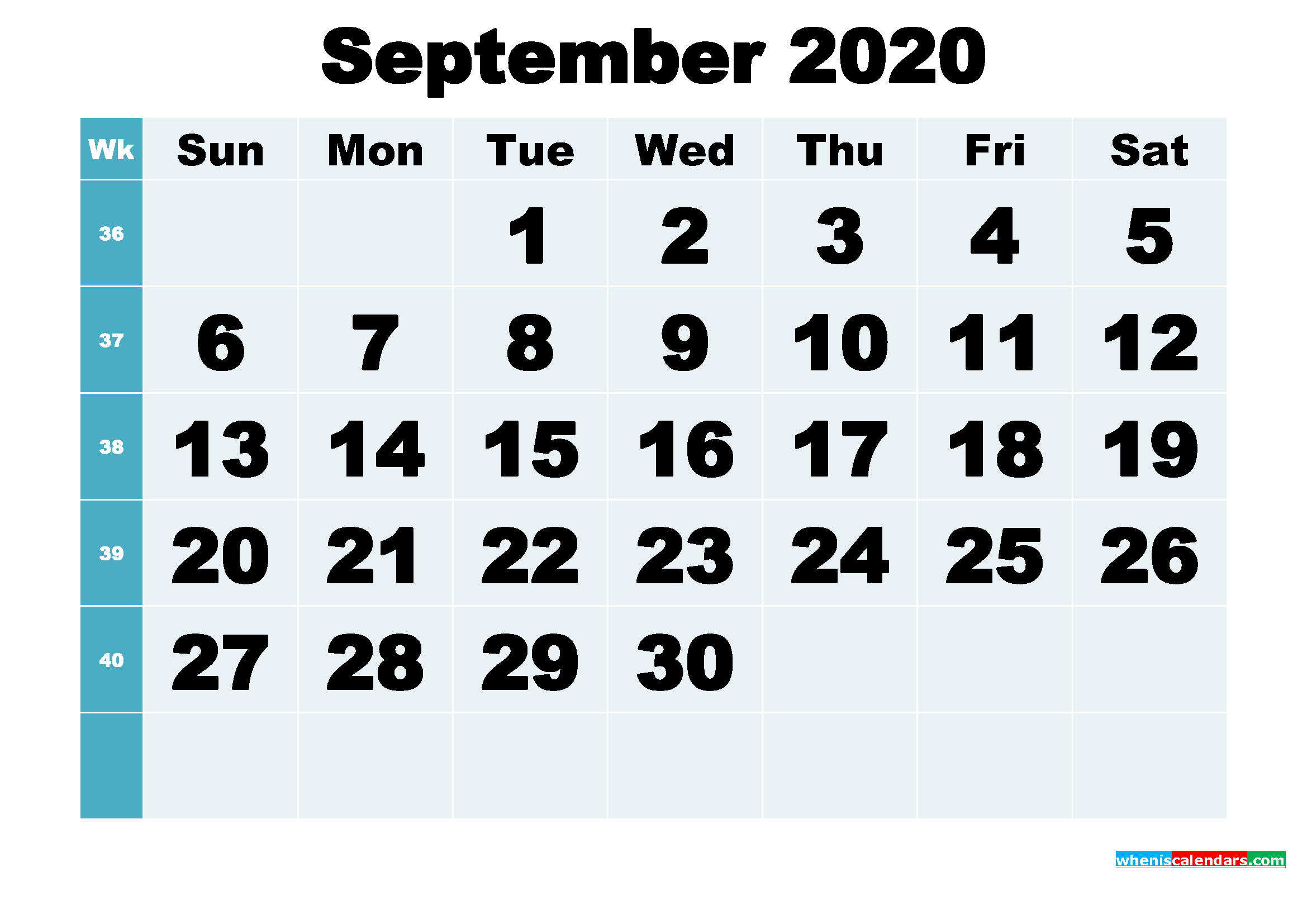 Free Printable September 2020 Calendar Word, PDF, Image