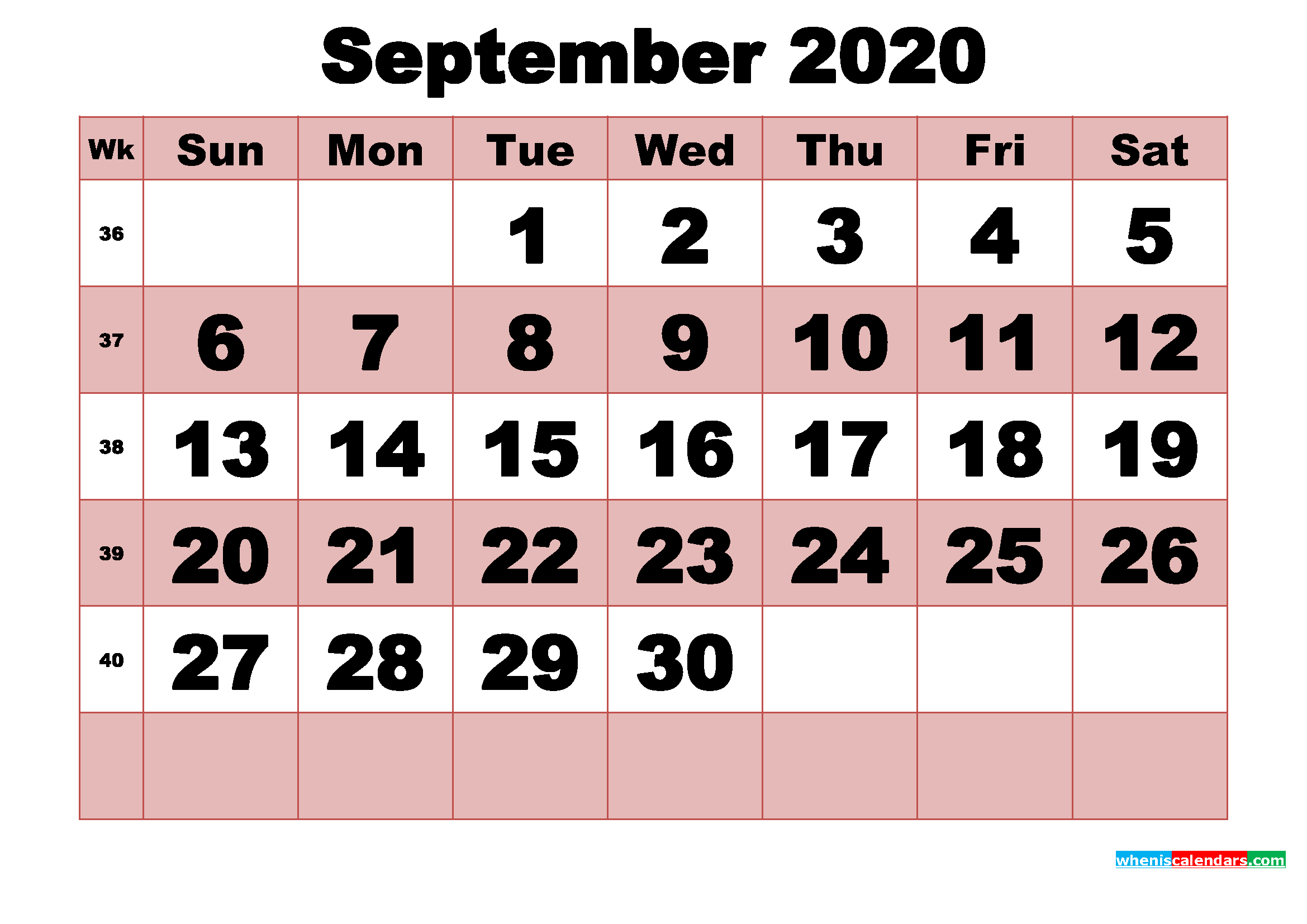 Free Printable Monthly Calendar September 2020