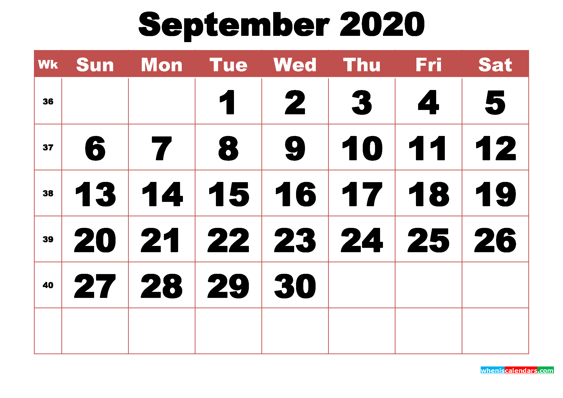 Free Printable September 2020 Calendar with Week Numbers
