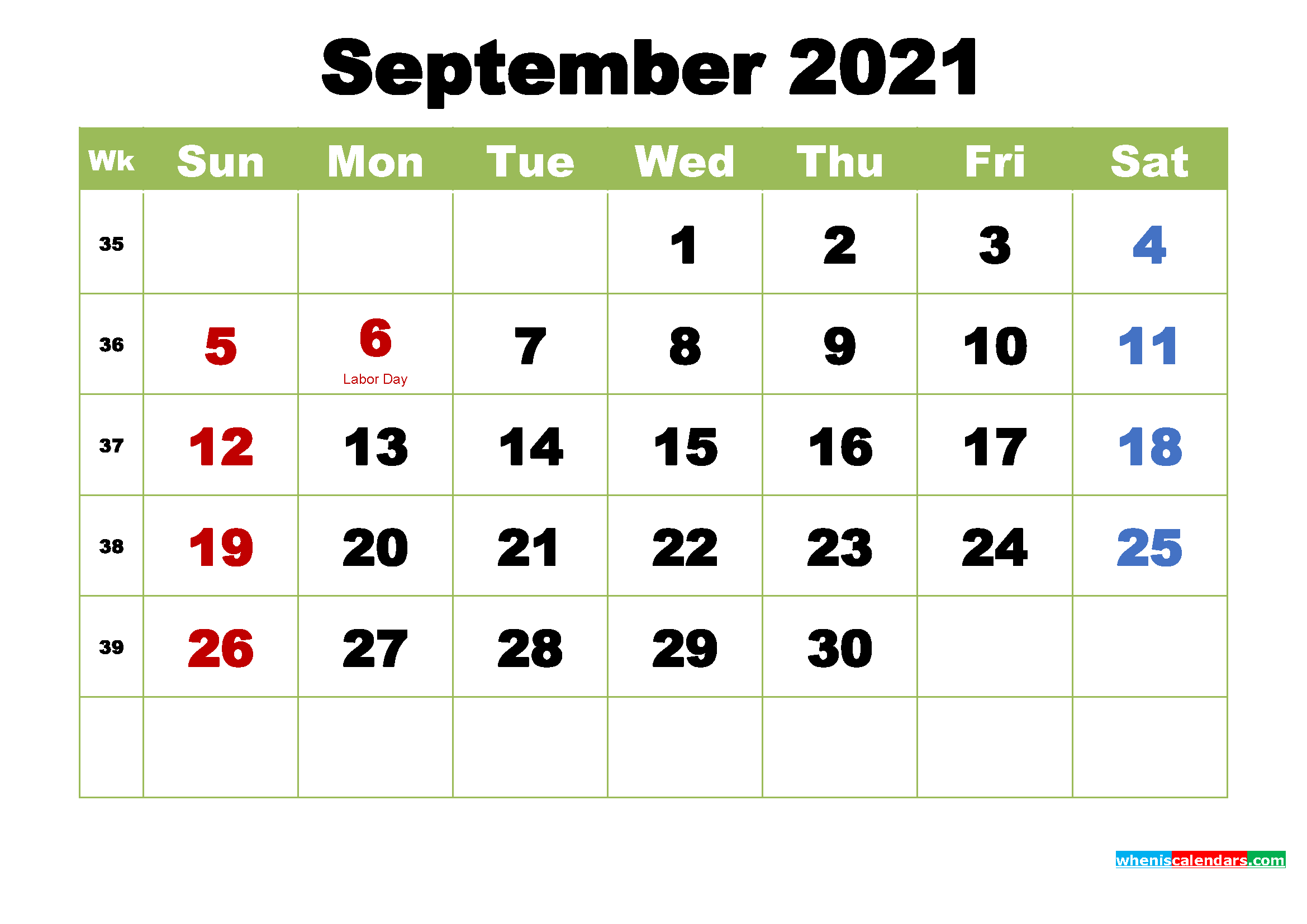 Free September 2021 Printable Calendar with Holidays