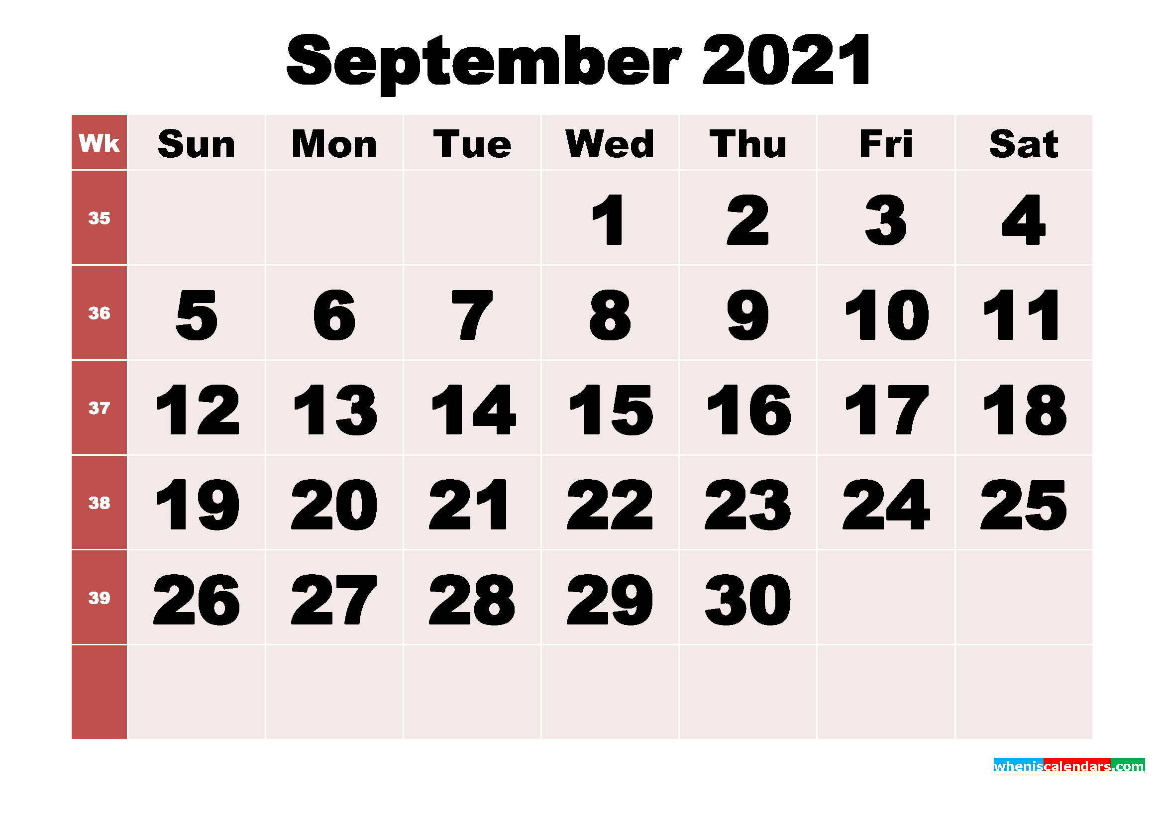 Free Printable Monthly Calendar September 2021
