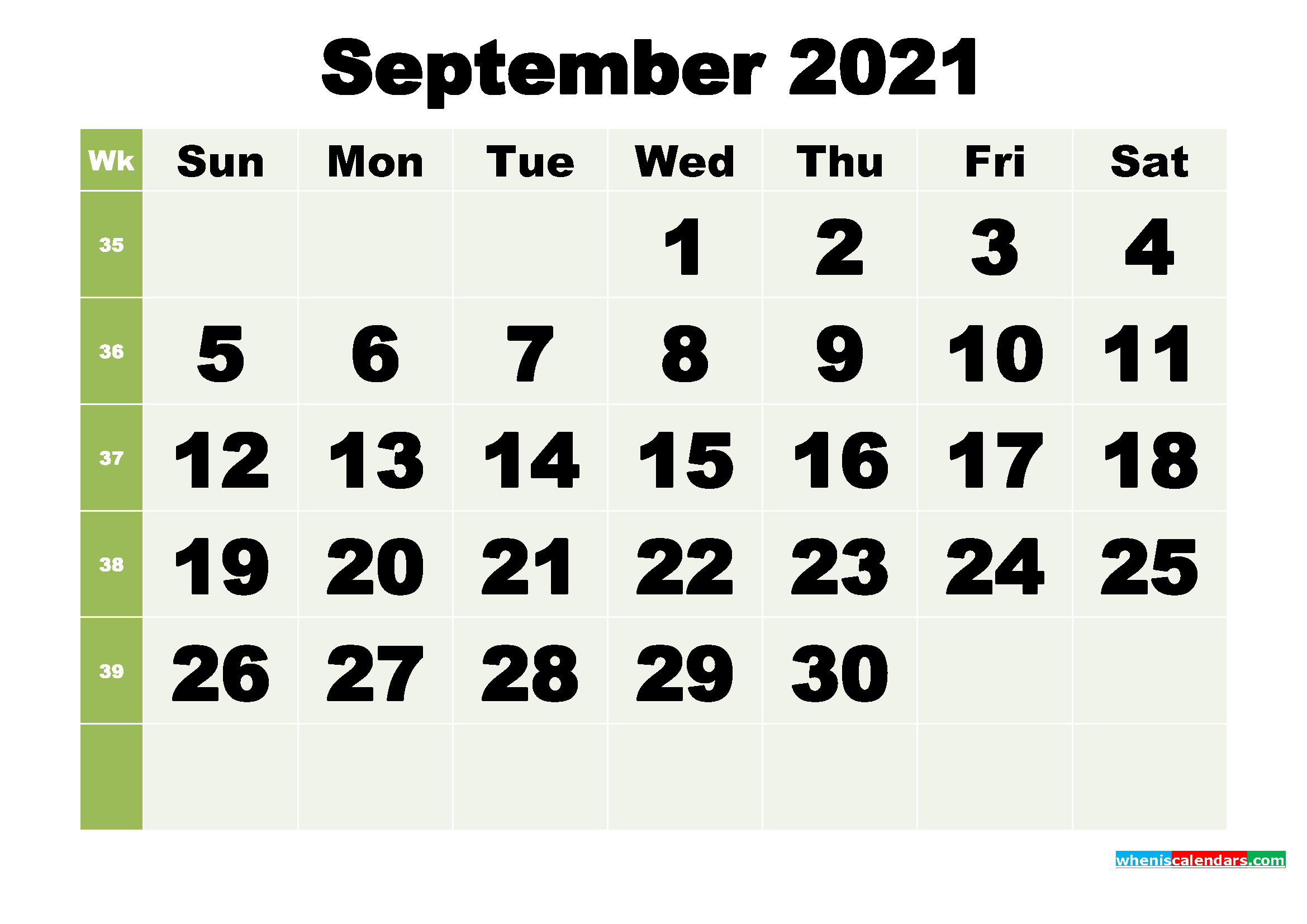 September 2021 Printable Calendar Template