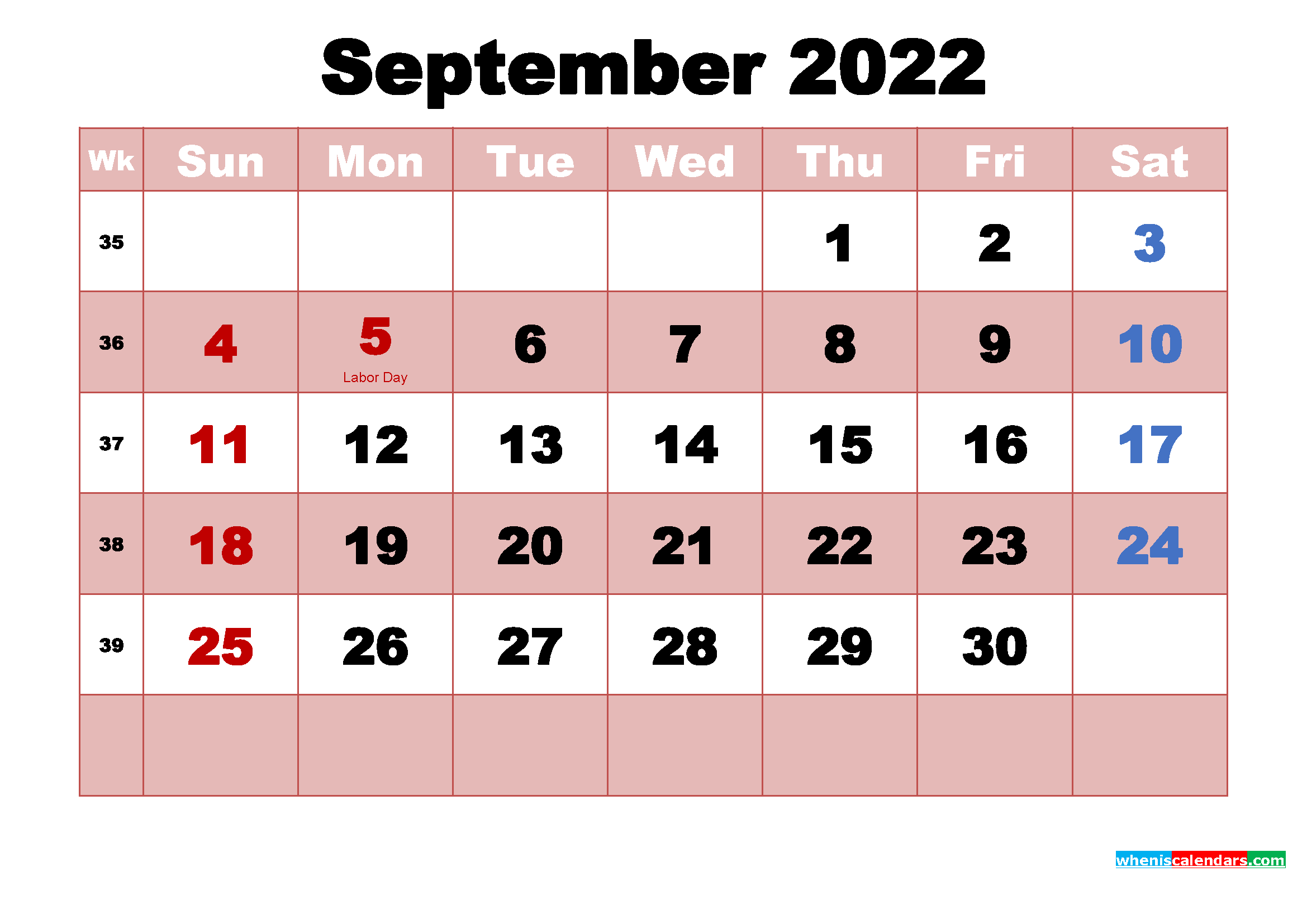 September 2022 Printable Monthly Calendar With Holidays