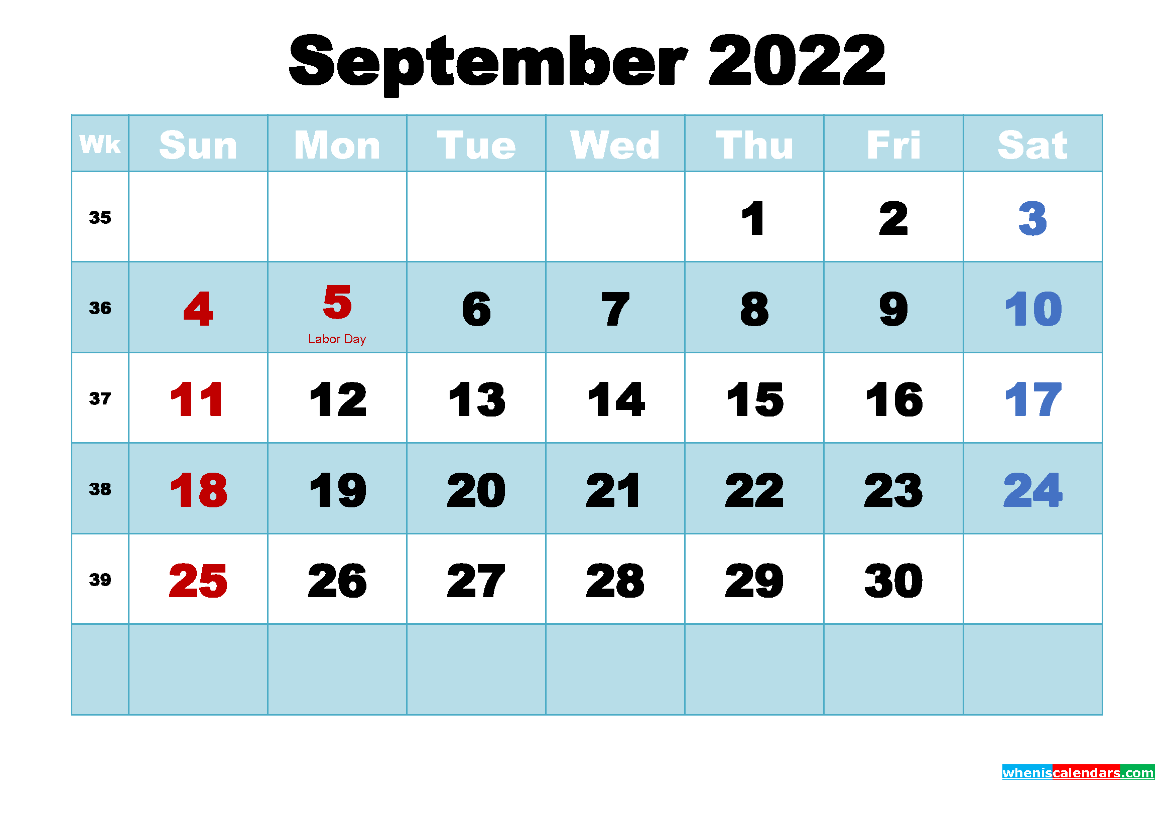 Free Printable September 2022 Calendar with Holidays as Word, PDF