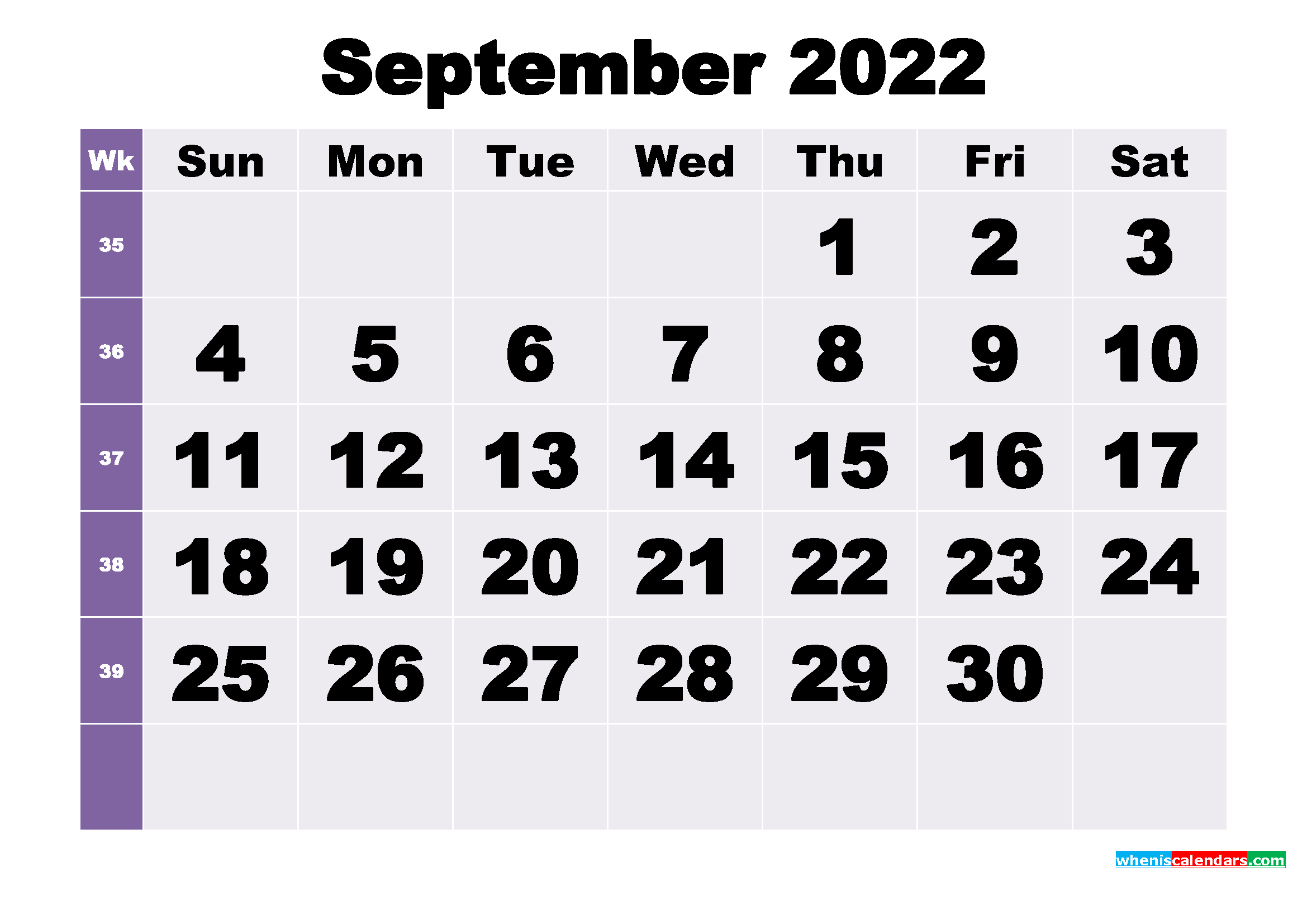 Free September 2022 Printable Monthly Calendar Template