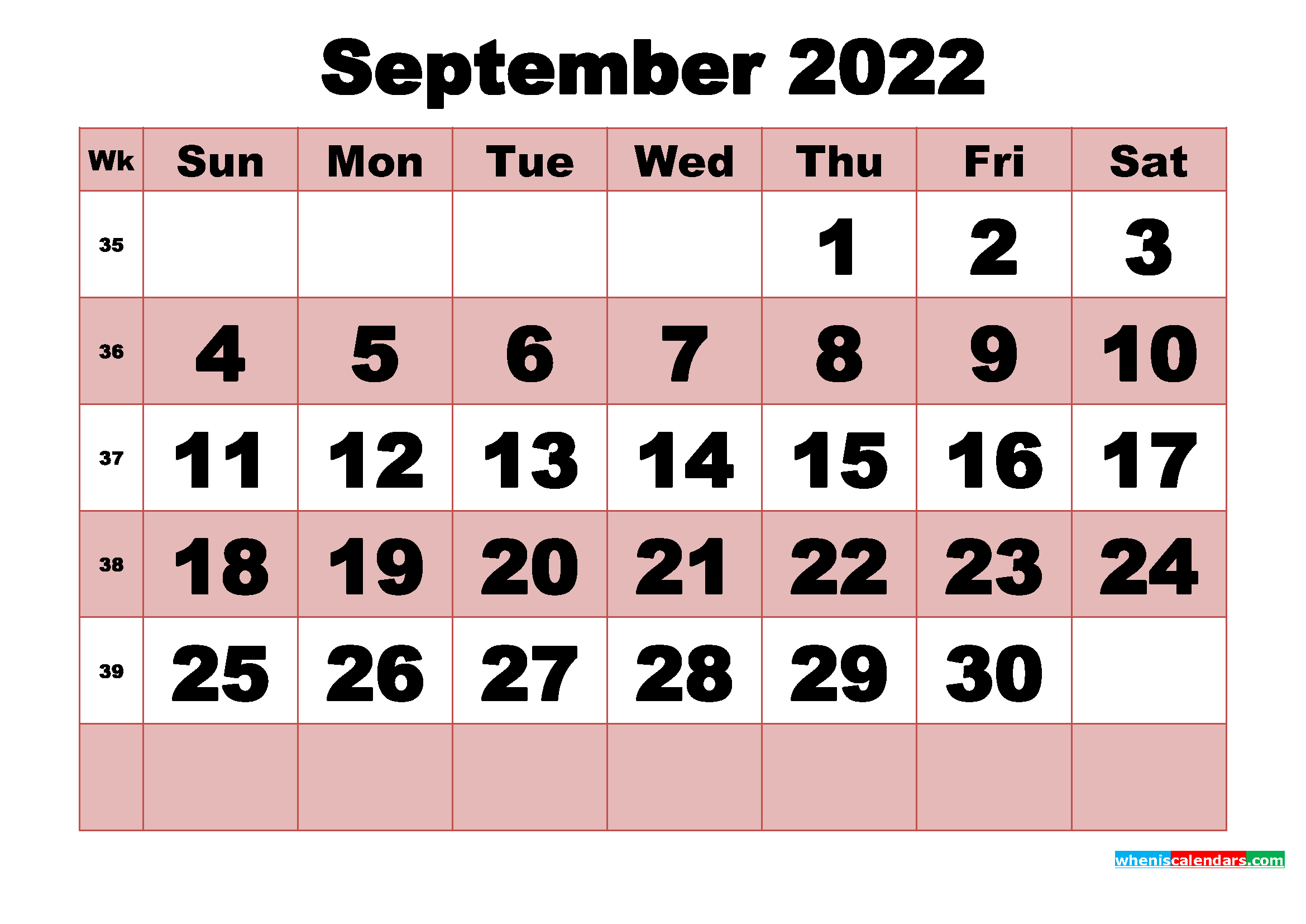 Free Printable Monthly Calendar September 2022