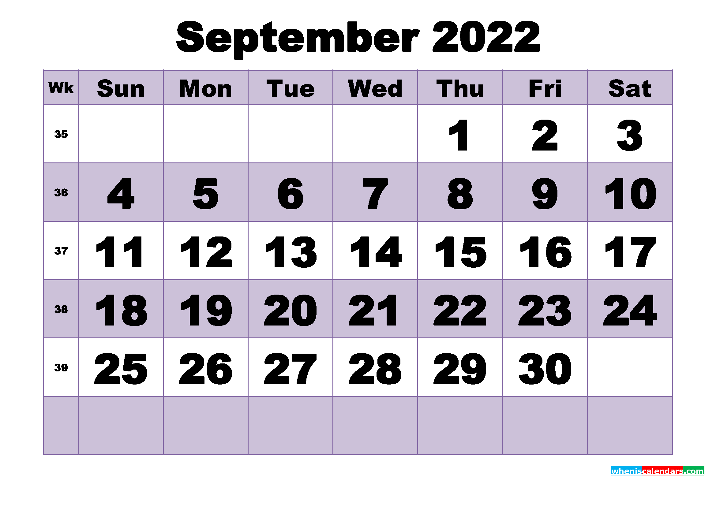 Free September 2022 Printable Monthly Calendar Template