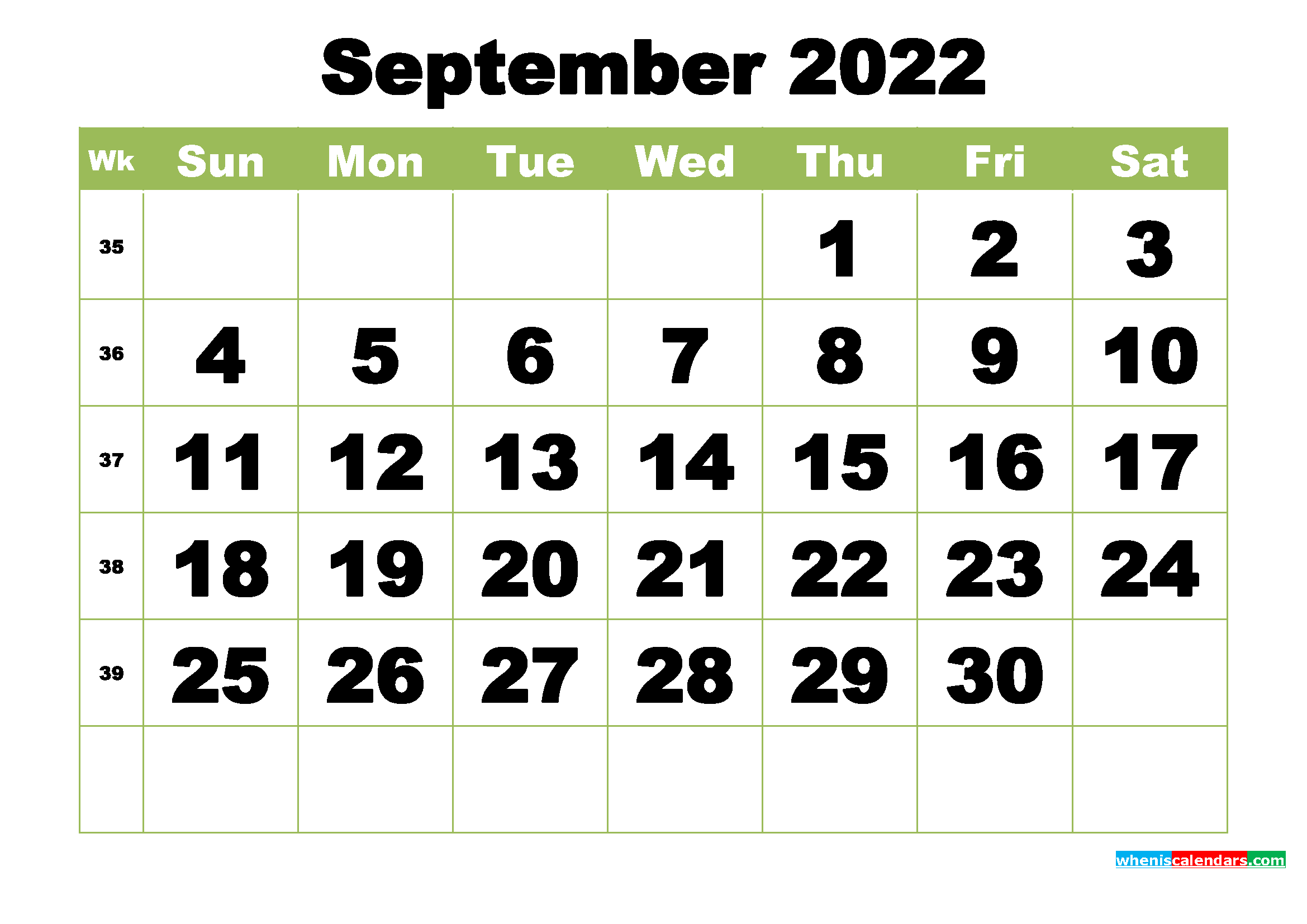 Free Printable Monthly Calendar September 2022