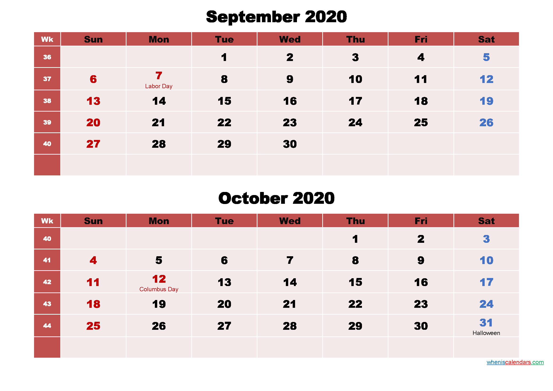 Calendar for September and October 2020 Word, PDF – Free Printable 2020 Monthly Calendar with ...
