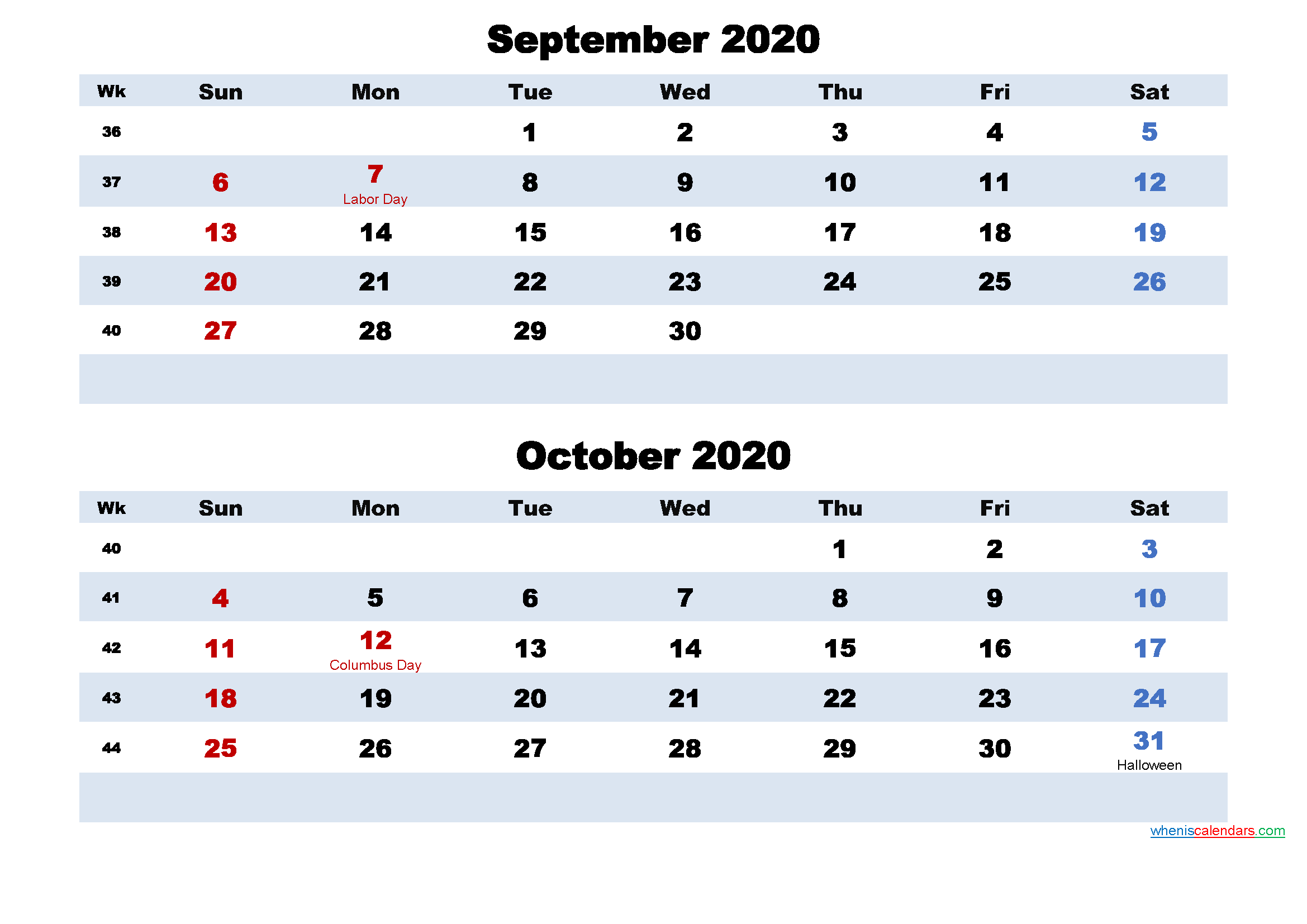 September and October Calendar 2020 Printable Word, PDF | Free Printable 2020 Calendar with Holidays