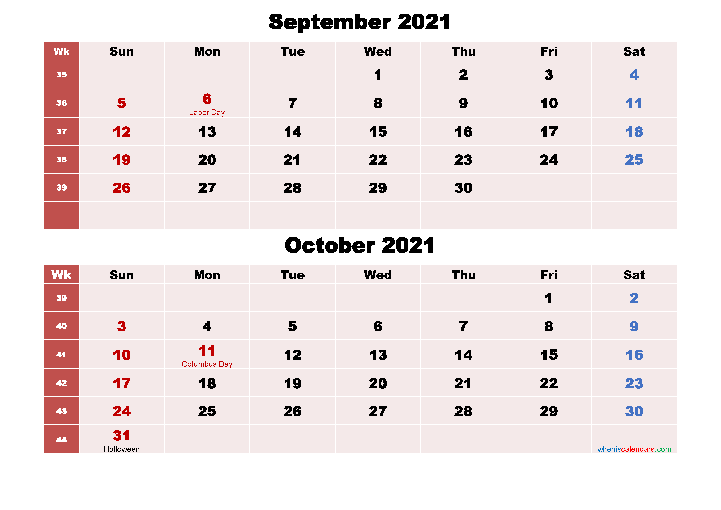 Printable Calendar September And October 2021 Word, PDF.