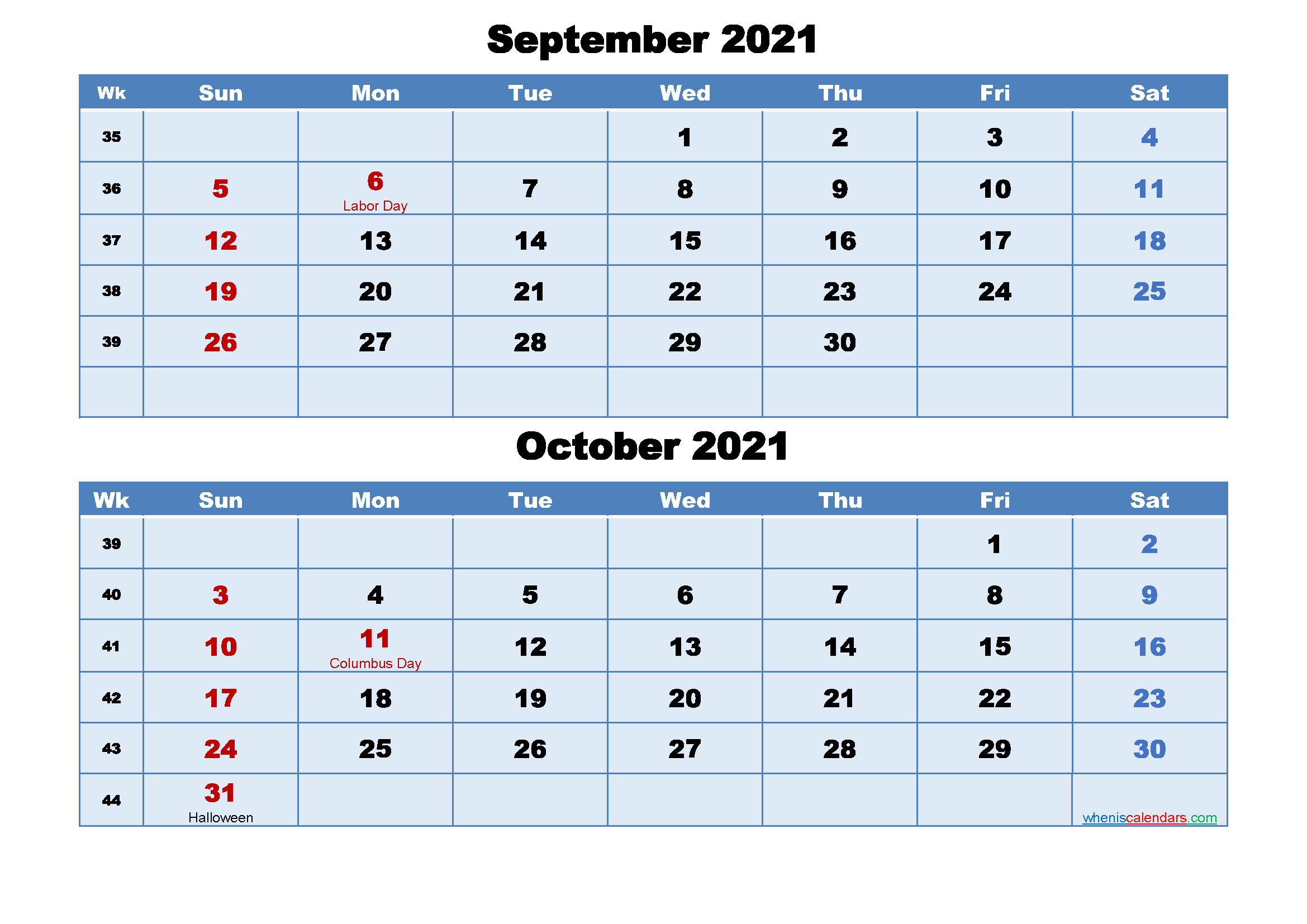 sept and oct 2021 calendar September And October 2021 Calendar With Holidays Free Printable 2020 Monthly Calendar With Holidays sept and oct 2021 calendar