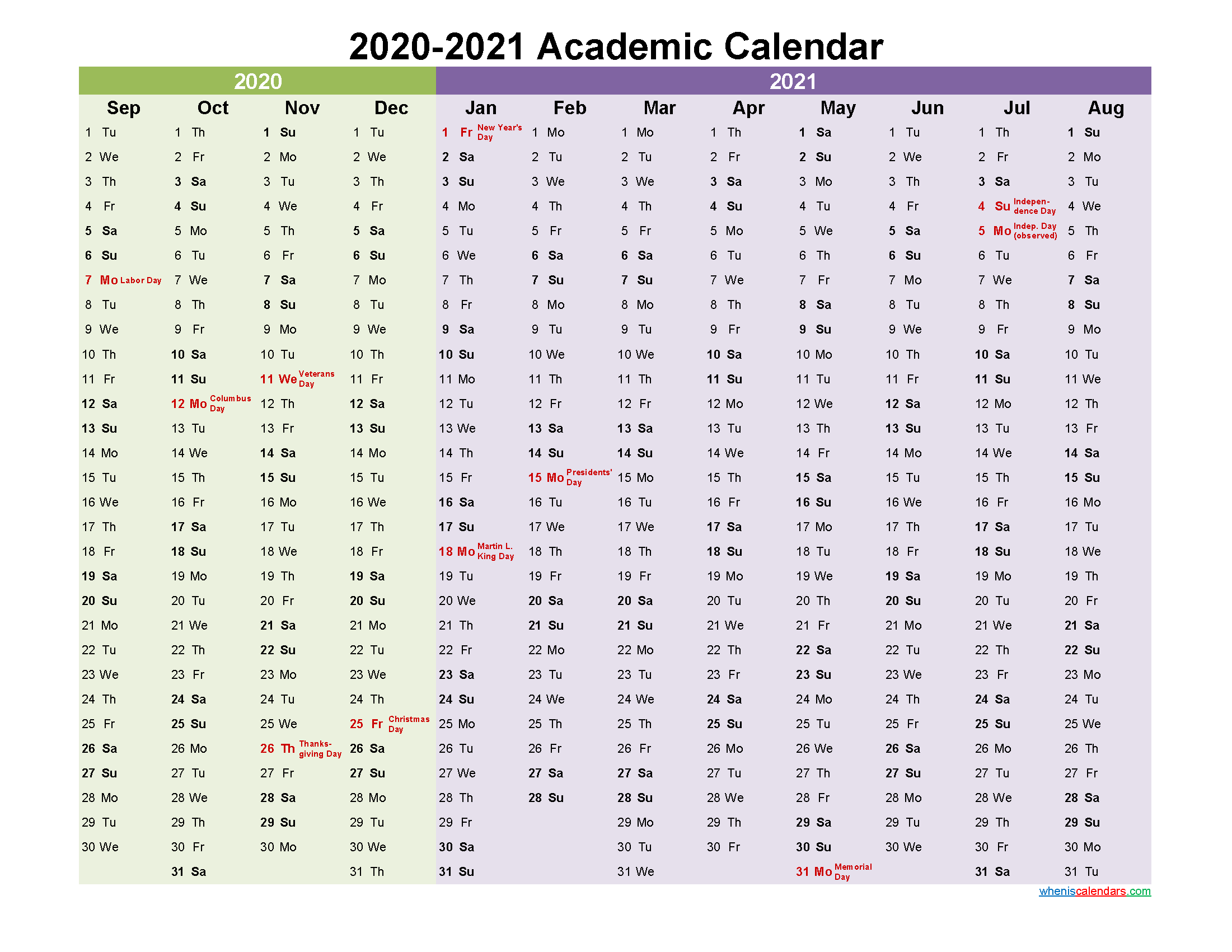 Academic Calendar 2020 And 2021 Printable (Landscape)- Template No.aca21y10