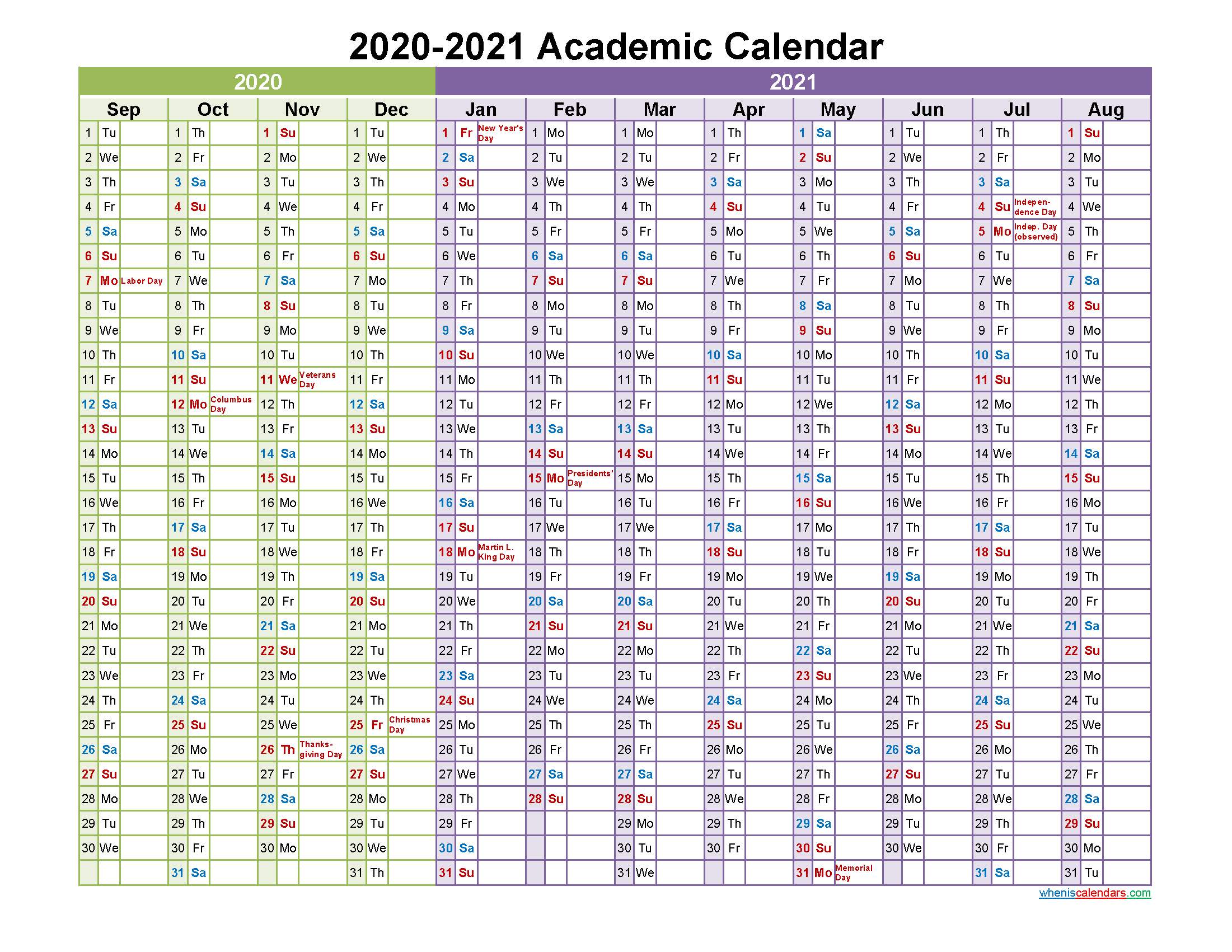 2020 And 2021 Academic Calendar Printable Landscape Template No